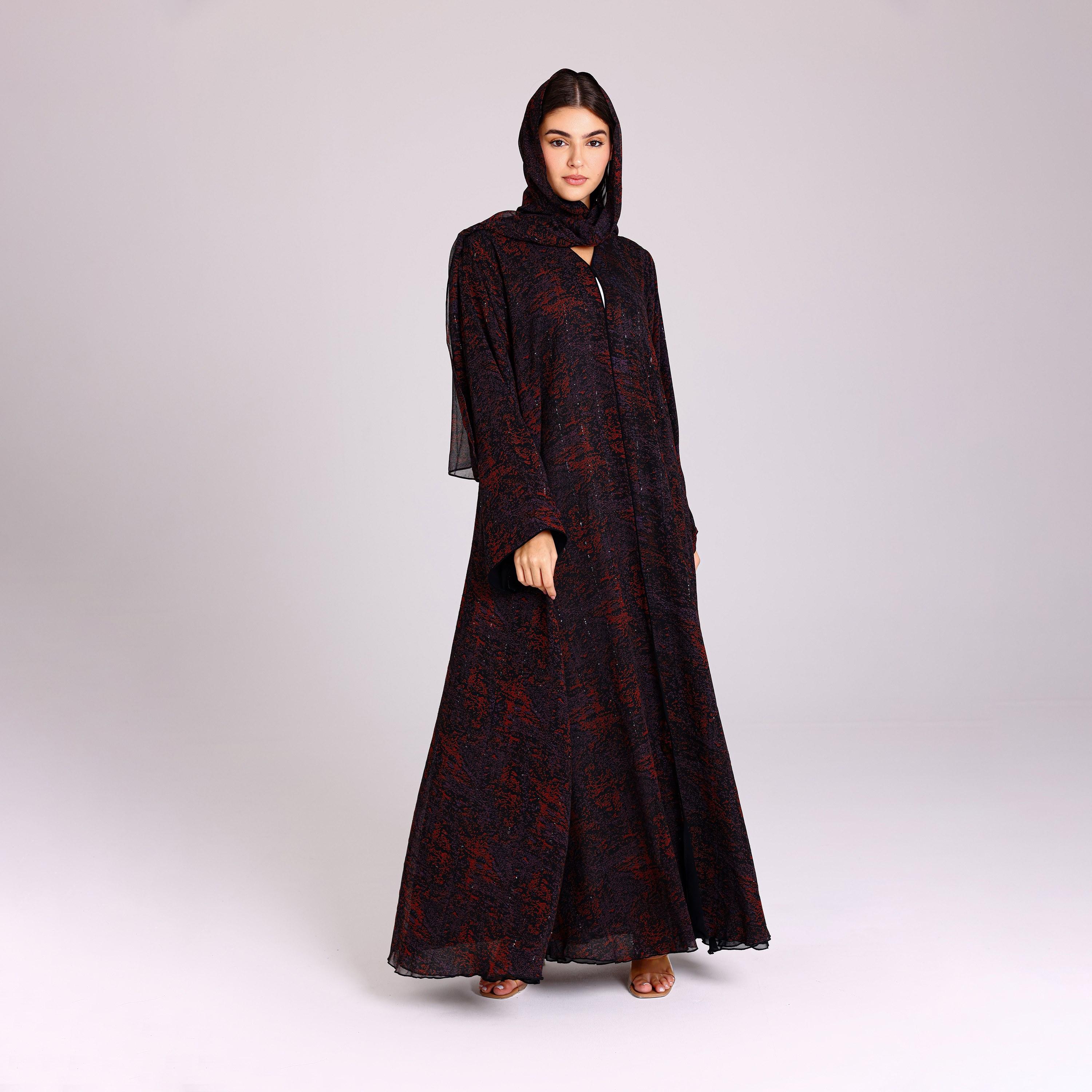 عباية نسائية شيفون بأكمام واسعة بخطوط ترتر أرجوانية مع حجاب من إككسا.-women-arabicclothing-abayas-image-1