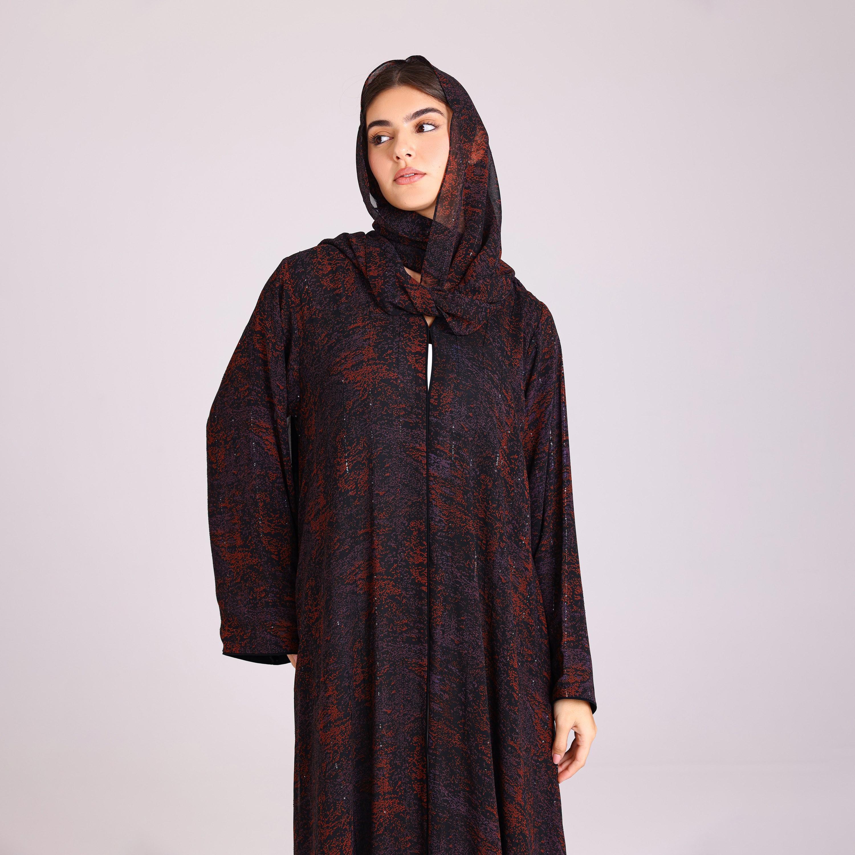 عباية نسائية شيفون بأكمام واسعة بخطوط ترتر أرجوانية مع حجاب من إككسا.-women-arabicclothing-abayas-image-2