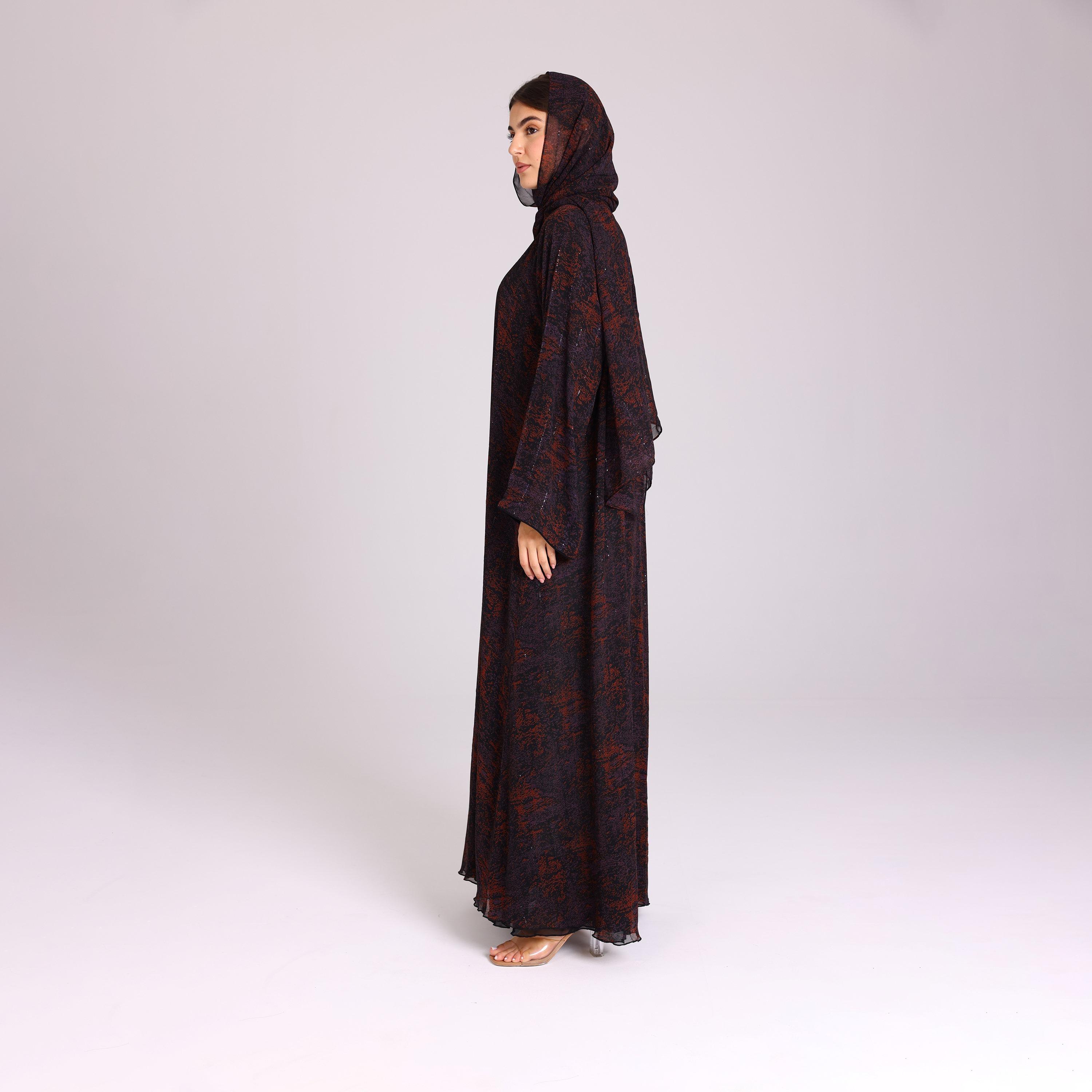 عباية نسائية شيفون بأكمام واسعة بخطوط ترتر أرجوانية مع حجاب من إككسا.-women-arabicclothing-abayas-image-4