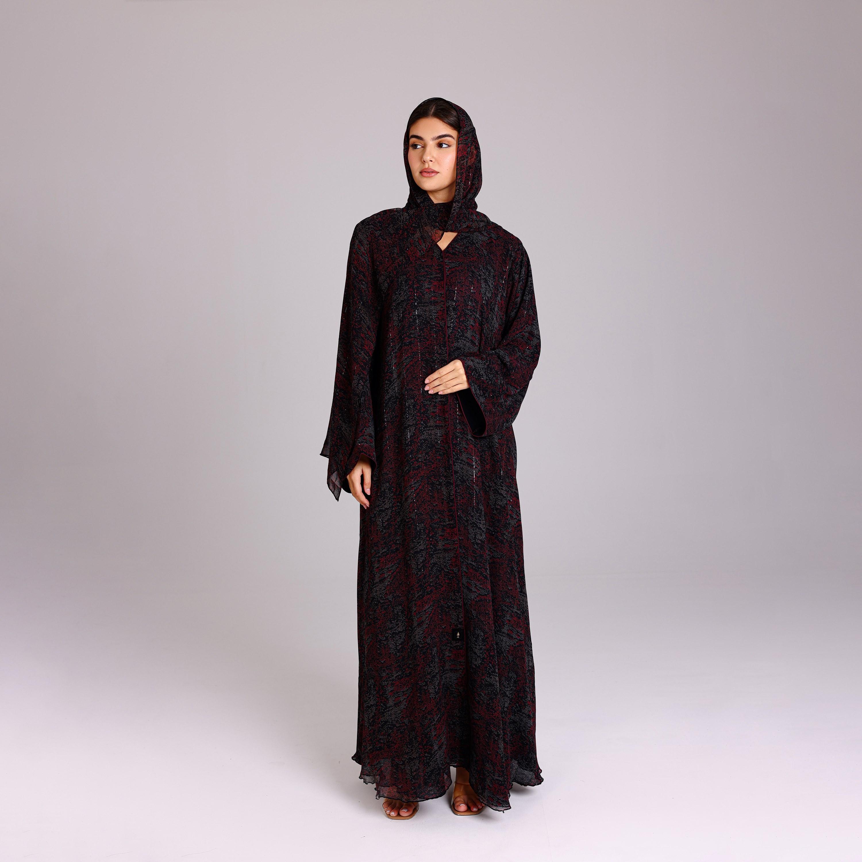 عباية نسائية شيفون بأكمام واسعة بخطوط ترتر رمادية مع حجاب من إككسا.-women-arabicclothing-abayas-image-1