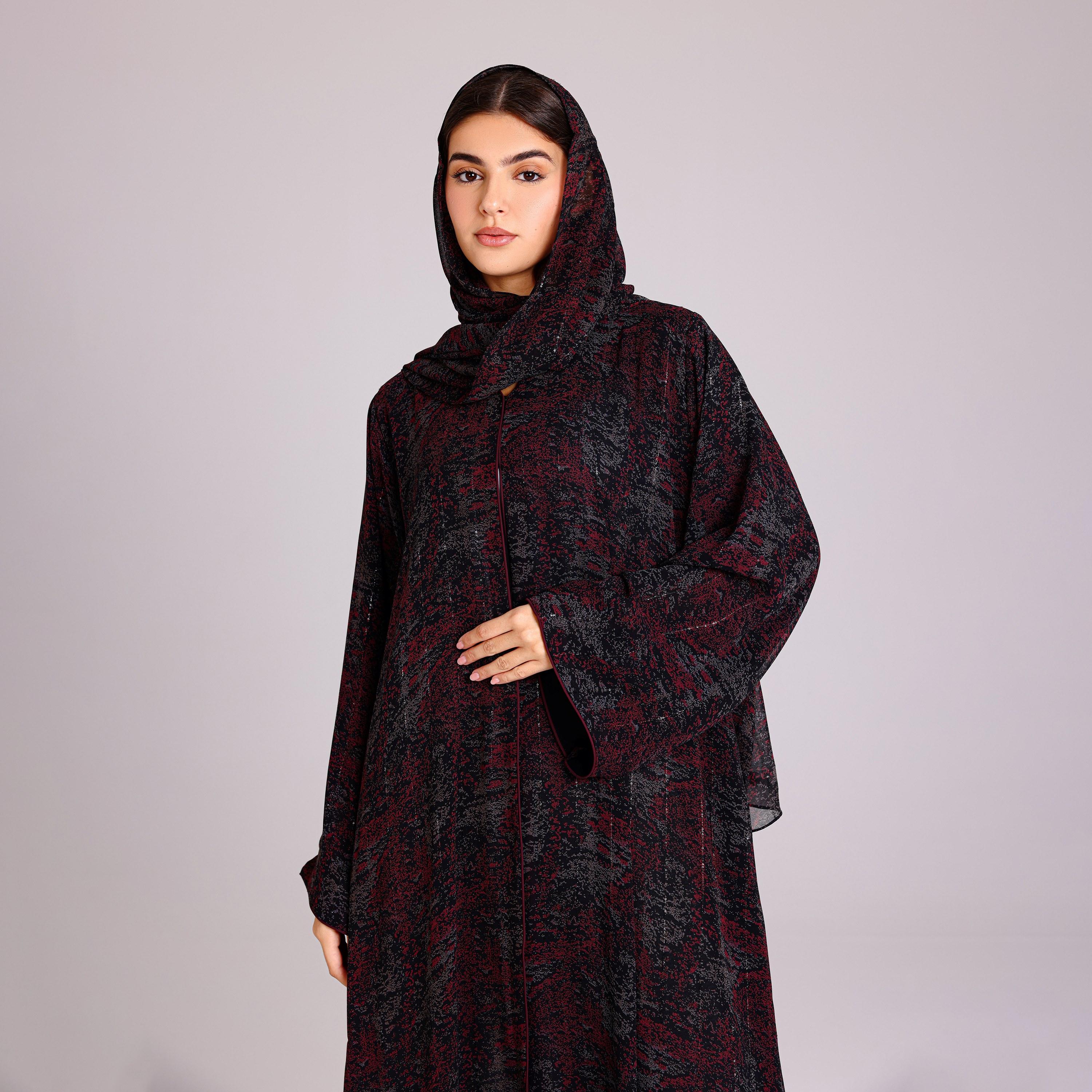 عباية نسائية شيفون بأكمام واسعة بخطوط ترتر رمادية مع حجاب من إككسا.-women-arabicclothing-abayas-image-2