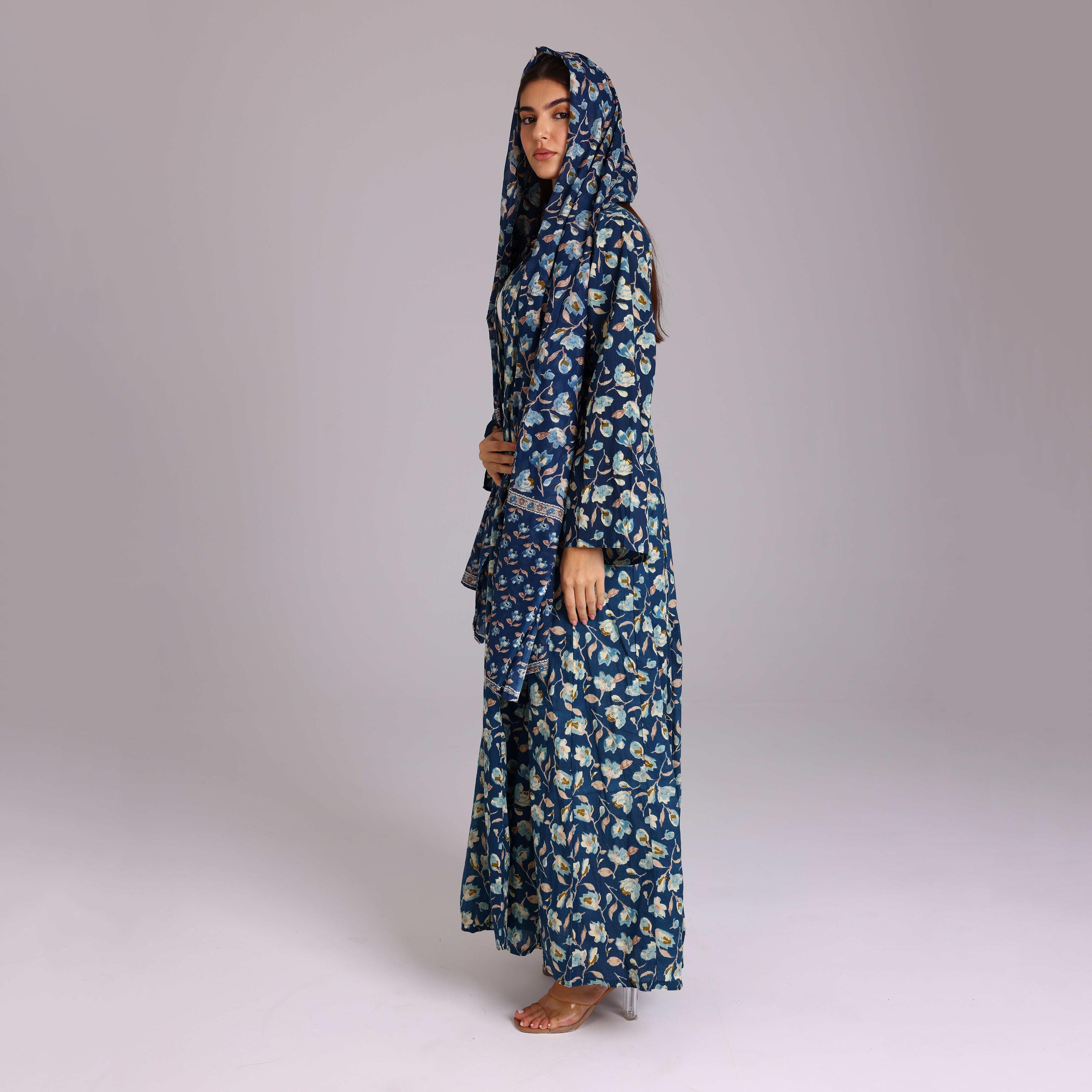 IKKXA Blue All-Over Floral Print Women's Abayas with Hijab-women-arabicclothing-abayas-image-3