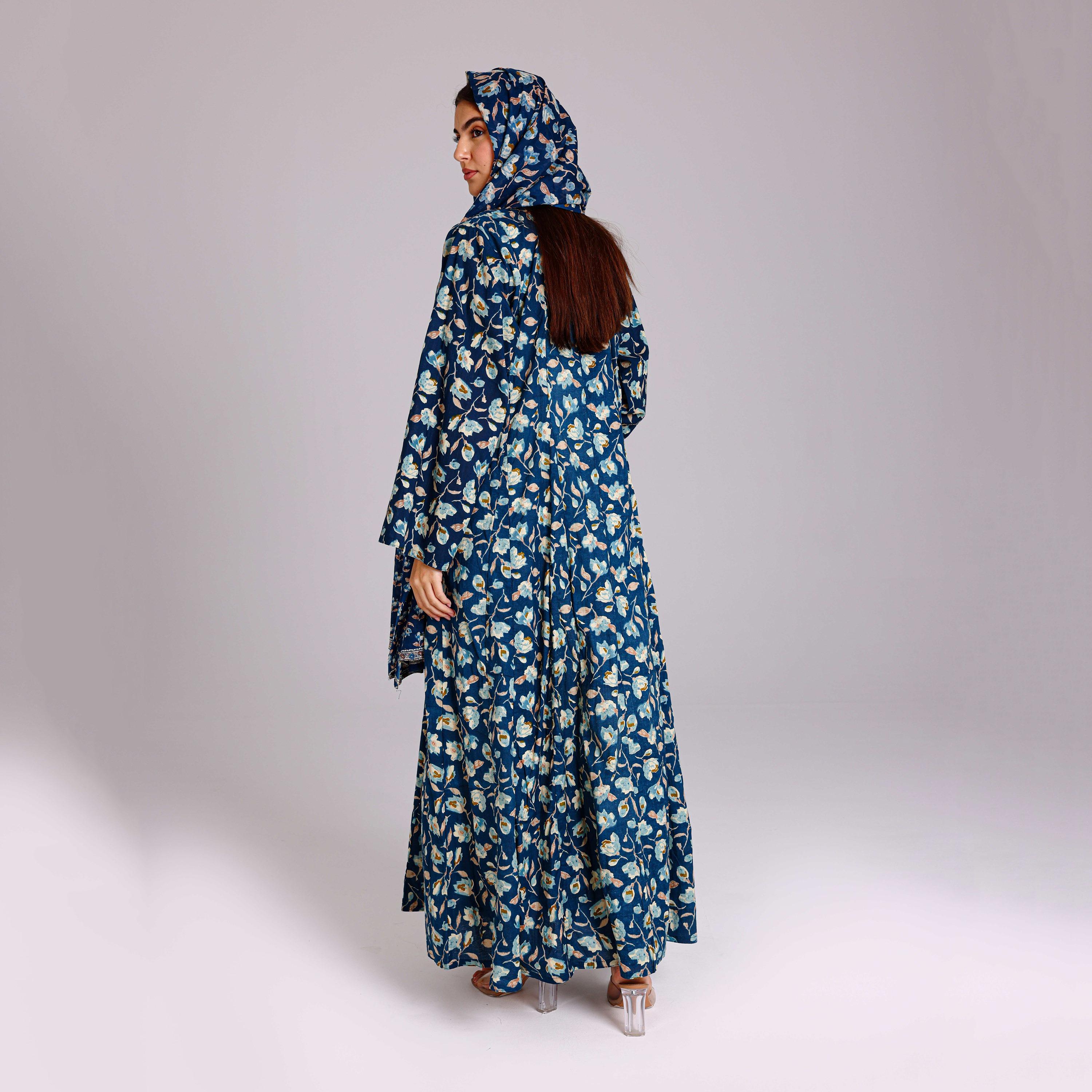 IKKXA Blue All-Over Floral Print Women's Abayas with Hijab-women-arabicclothing-abayas-image-4