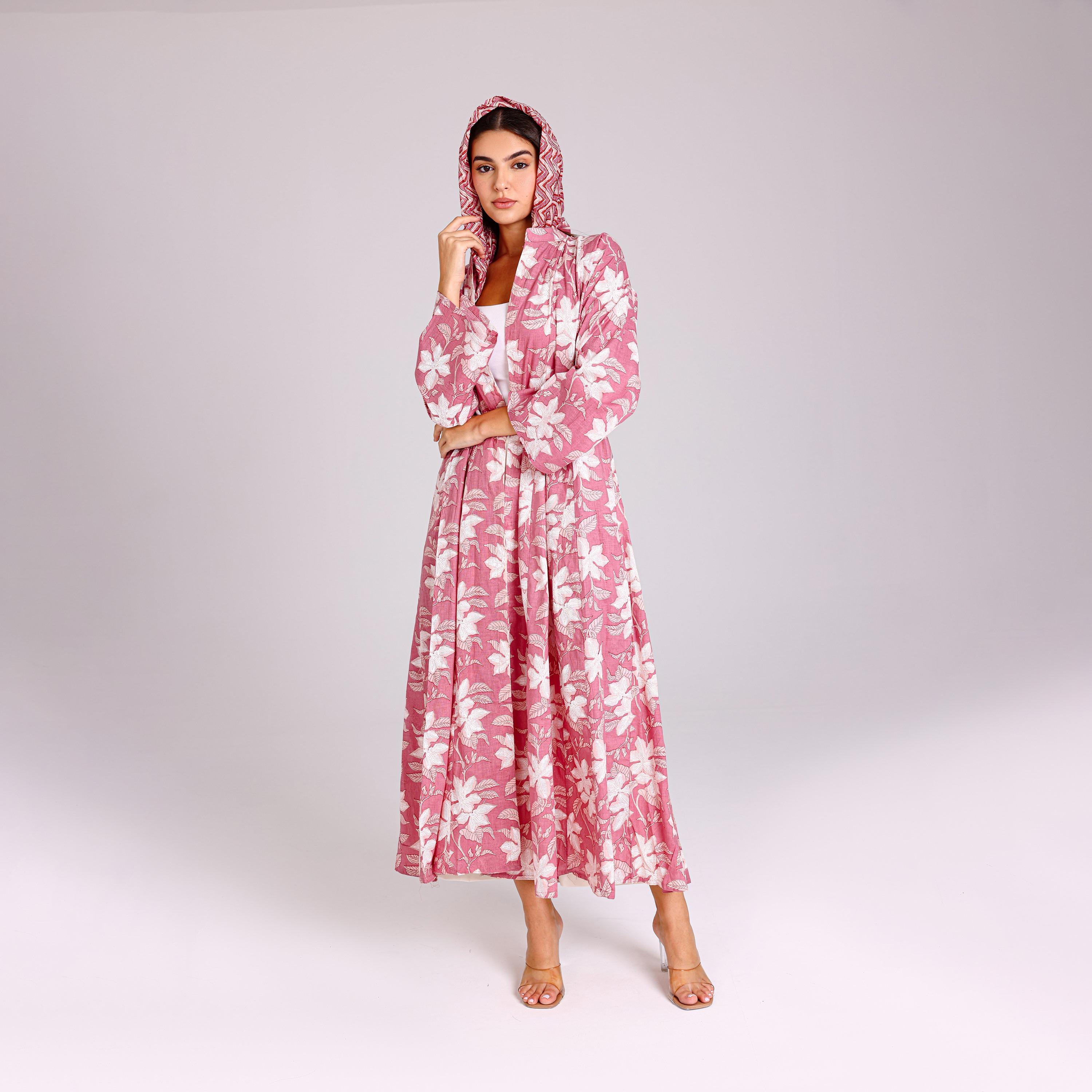 IKKXA Pink Tropical Print Cotton Women's Abaya with Hijab-women-arabicclothing-abayas-image-1