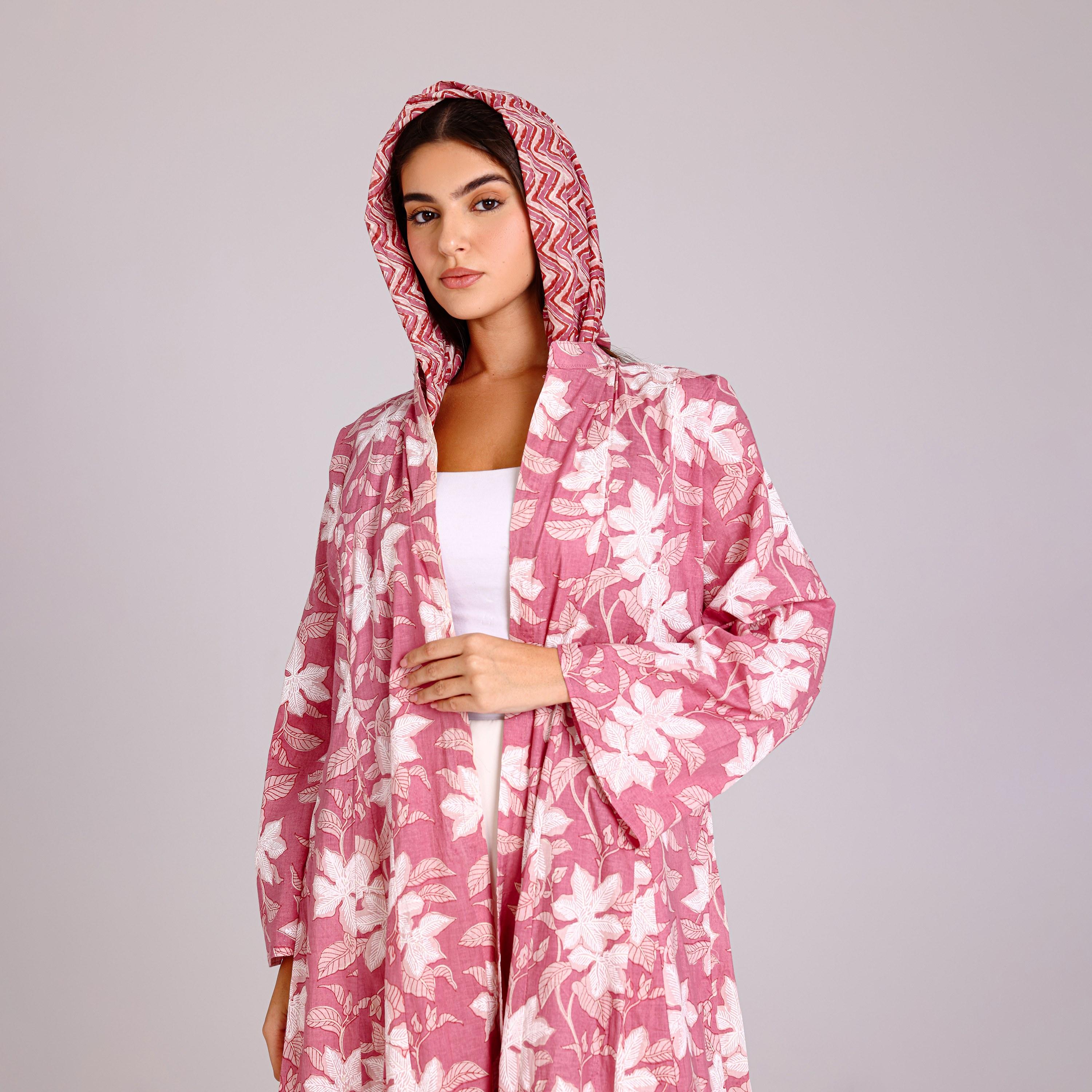 IKKXA Pink Tropical Print Cotton Women's Abaya with Hijab-women-arabicclothing-abayas-image-2