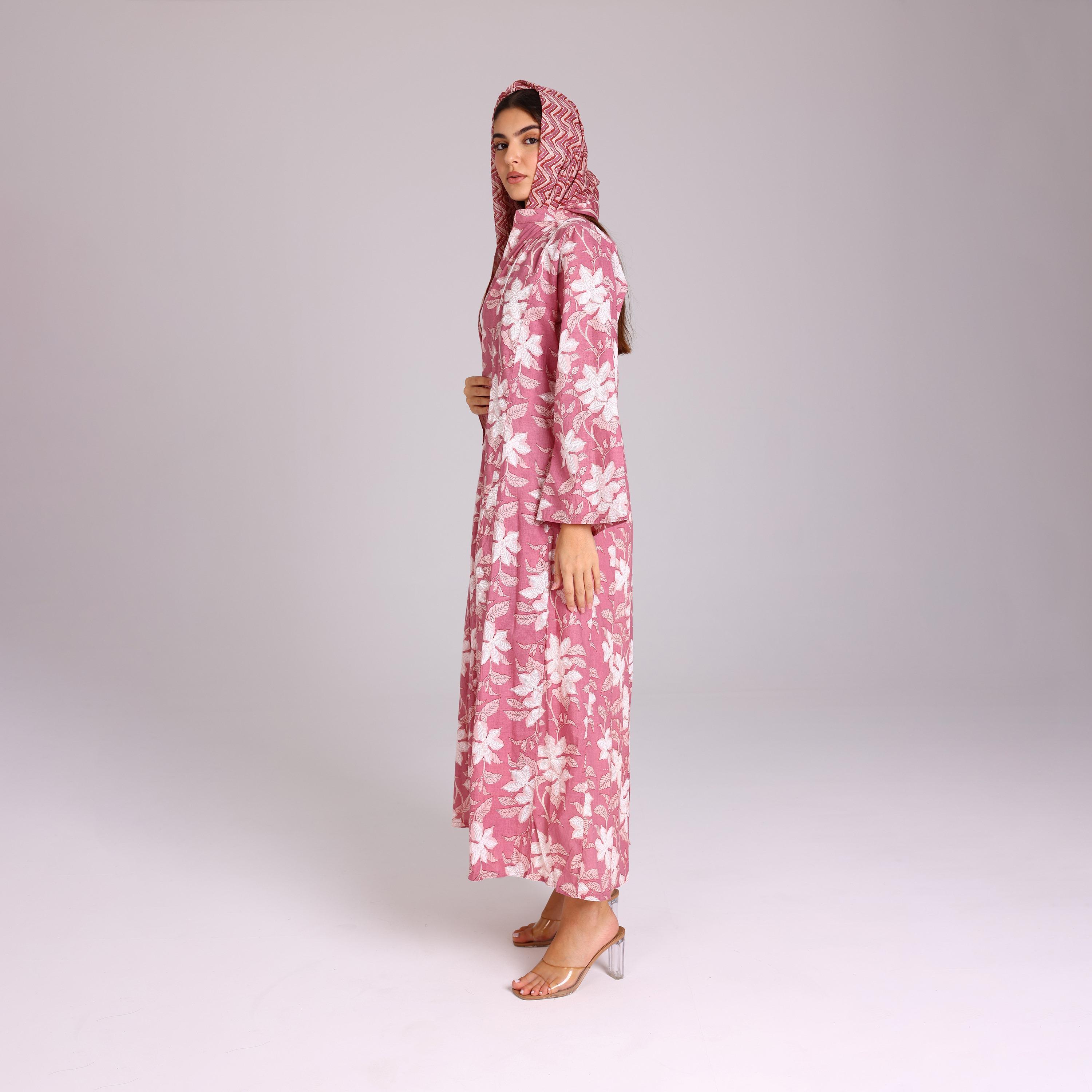 IKKXA Pink Tropical Print Cotton Women's Abaya with Hijab-women-arabicclothing-abayas-image-4