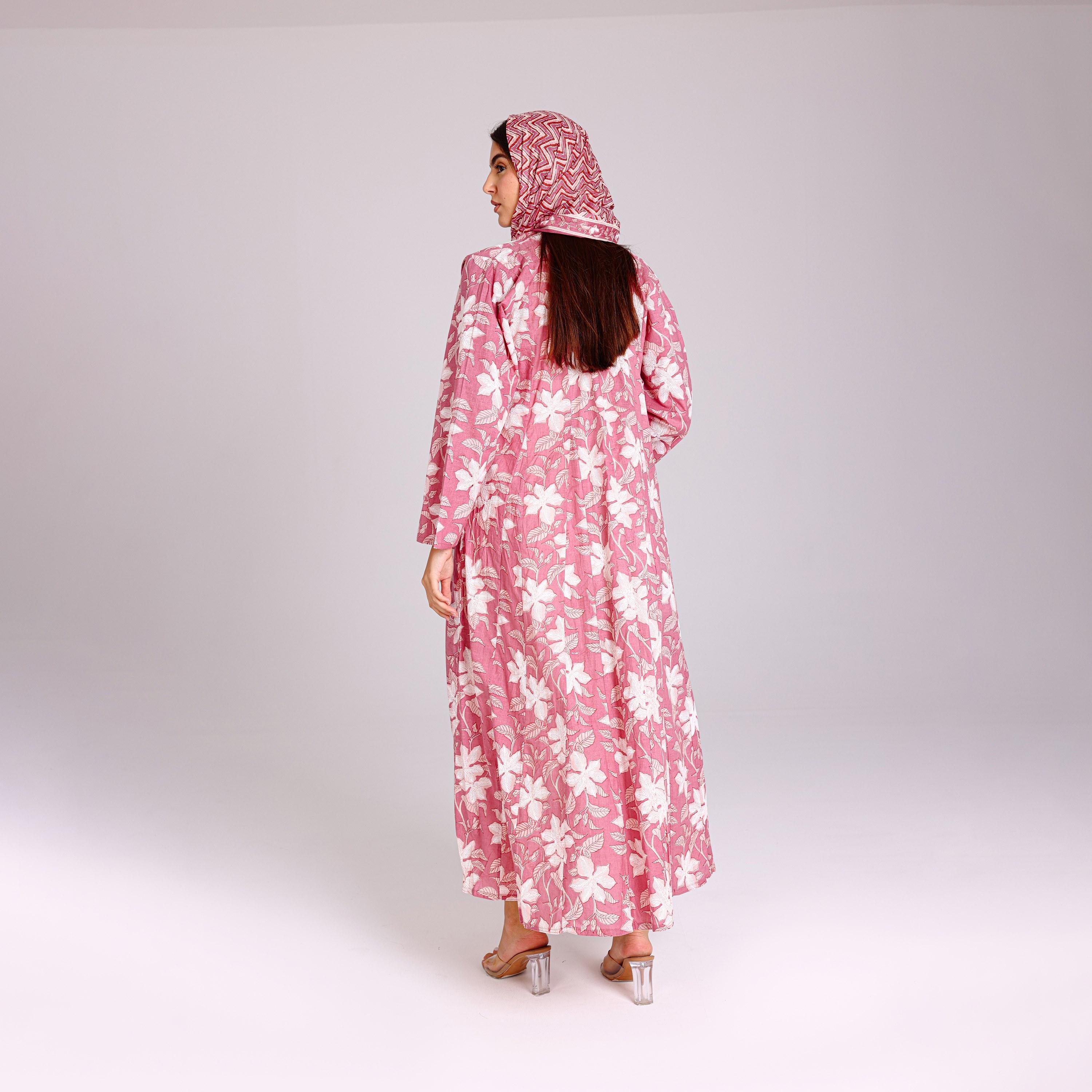 IKKXA Pink Tropical Print Cotton Women's Abaya with Hijab-women-arabicclothing-abayas-image-5