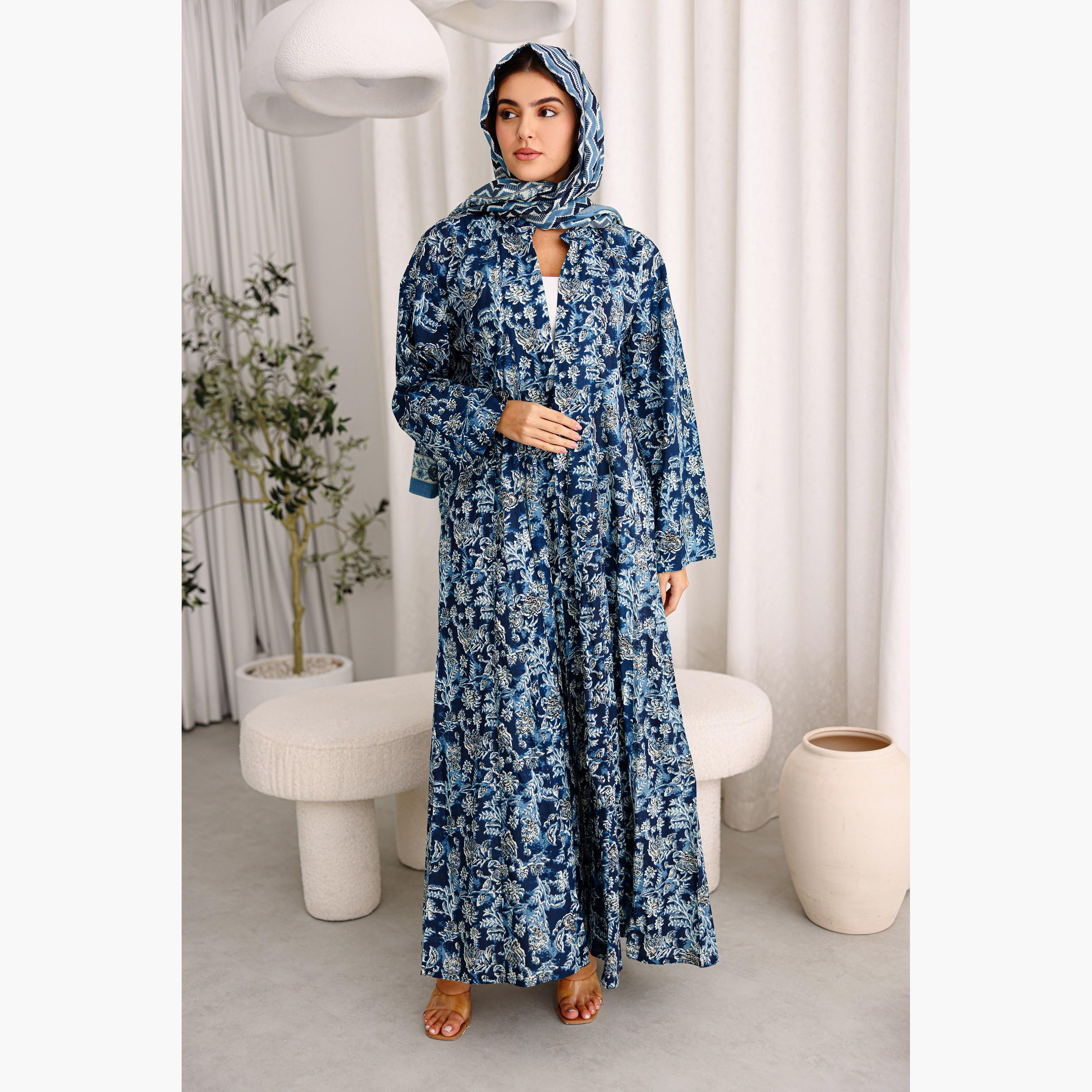 IKKXA Blue Floral Motifs Cotton Women's Abaya with Hijab-women-arabicclothing-abayas-image-1