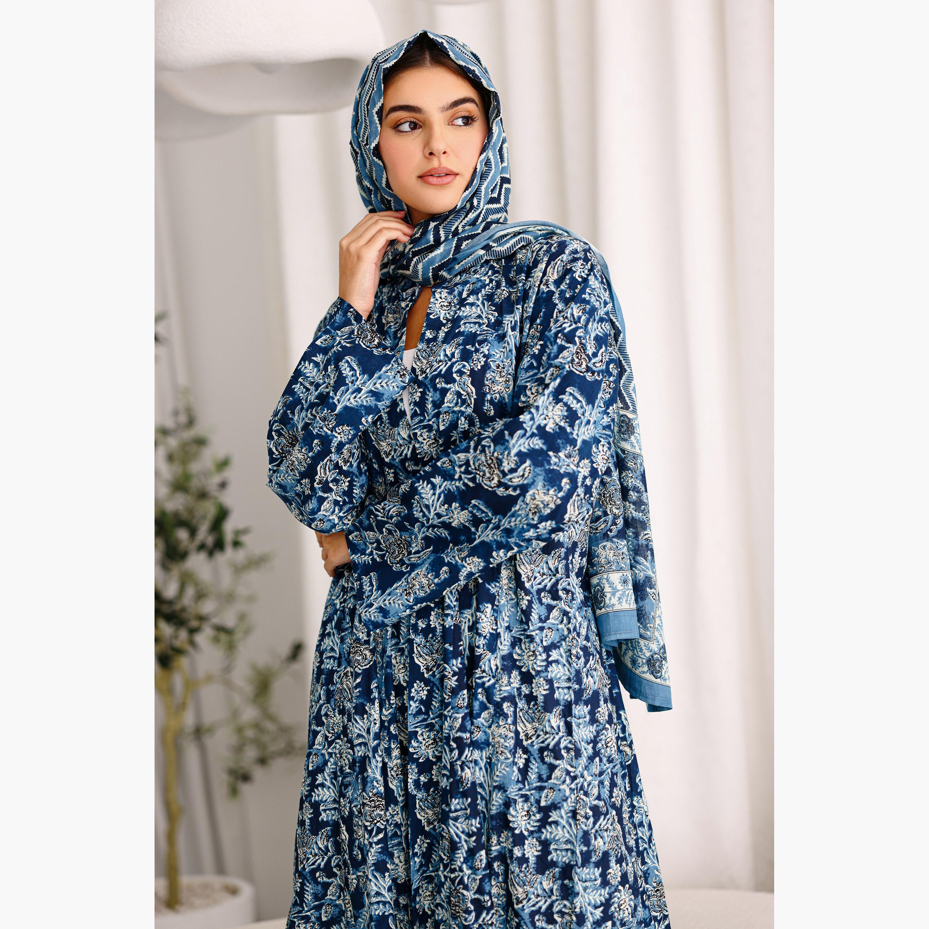 IKKXA Blue Floral Motifs Cotton Women's Abaya with Hijab-women-arabicclothing-abayas-image-2