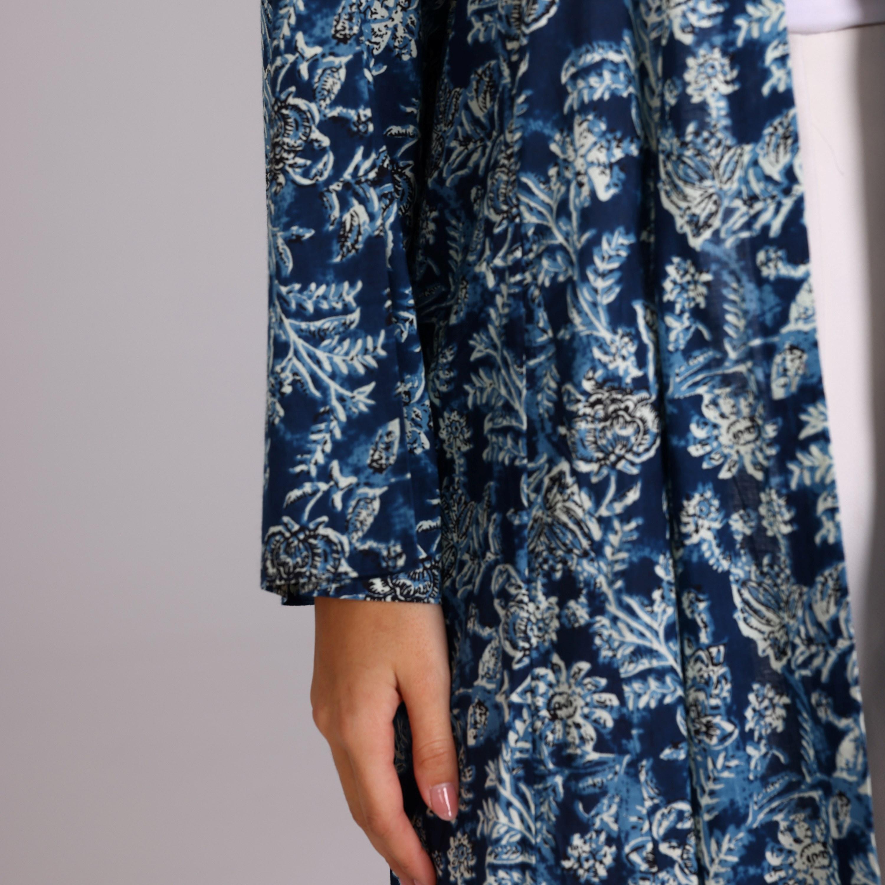 IKKXA Blue Floral Motifs Cotton Women's Abaya with Hijab-women-arabicclothing-abayas-image-3