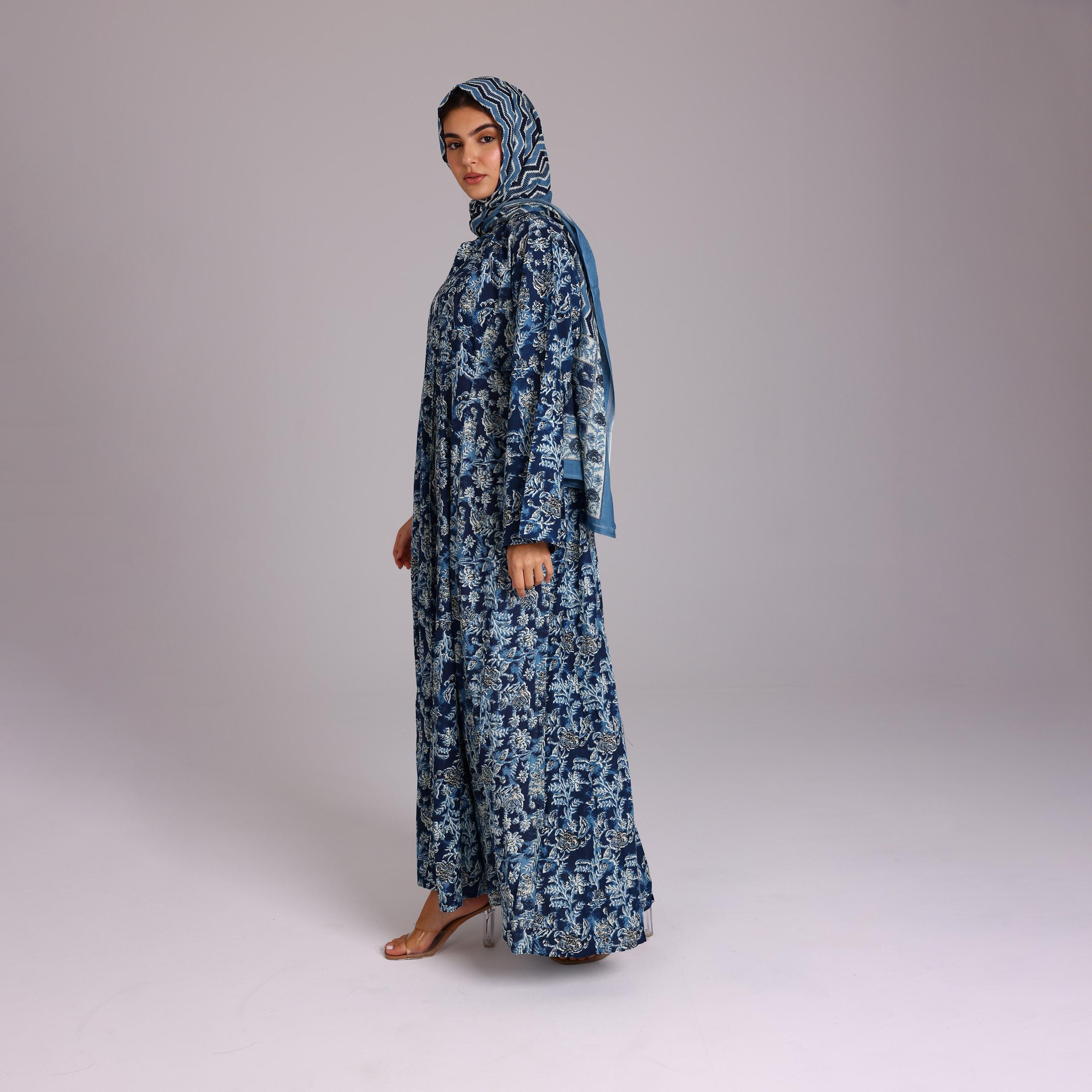 IKKXA Blue Floral Motifs Cotton Women's Abaya with Hijab-women-arabicclothing-abayas-image-4