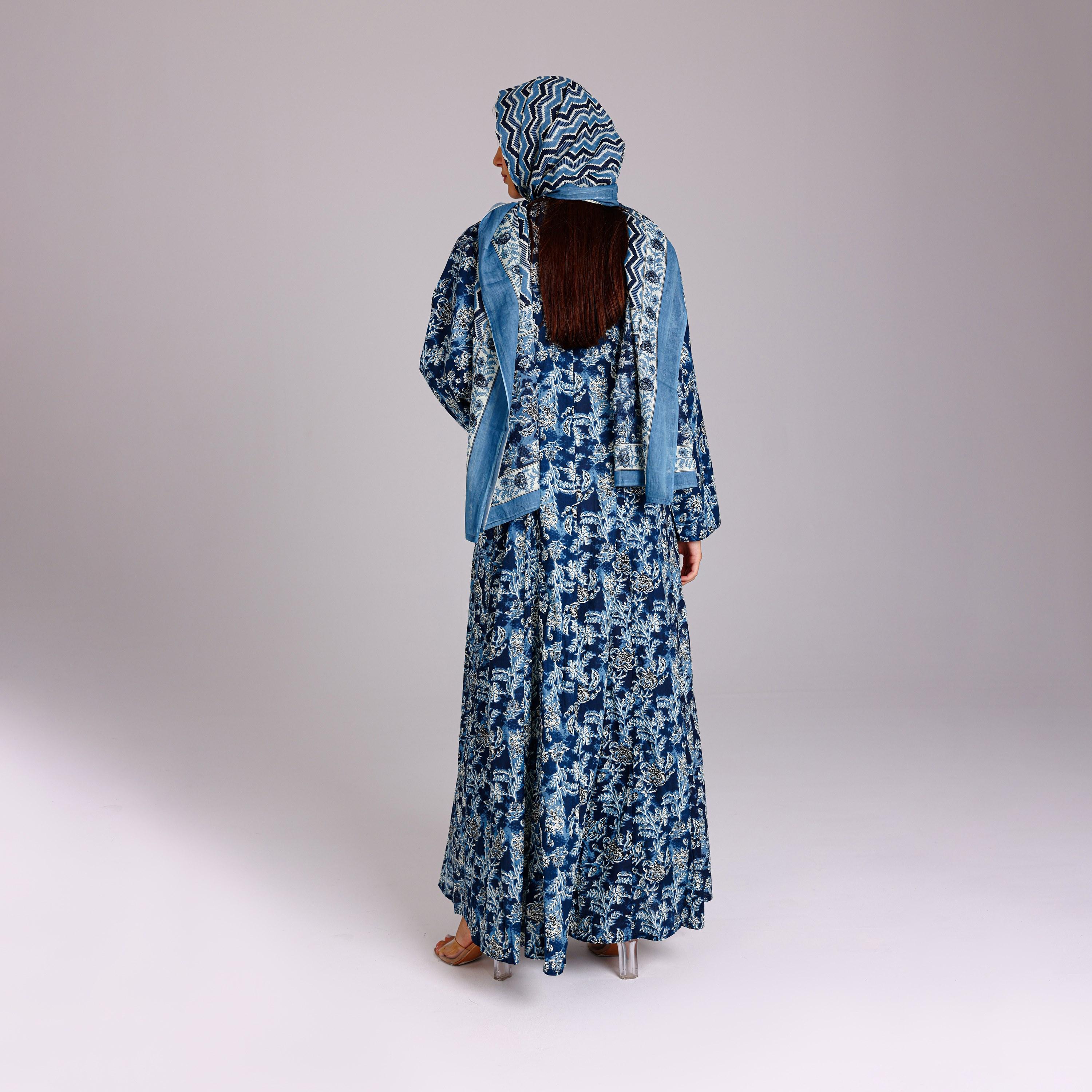 IKKXA Blue Floral Motifs Cotton Women's Abaya with Hijab-women-arabicclothing-abayas-image-5