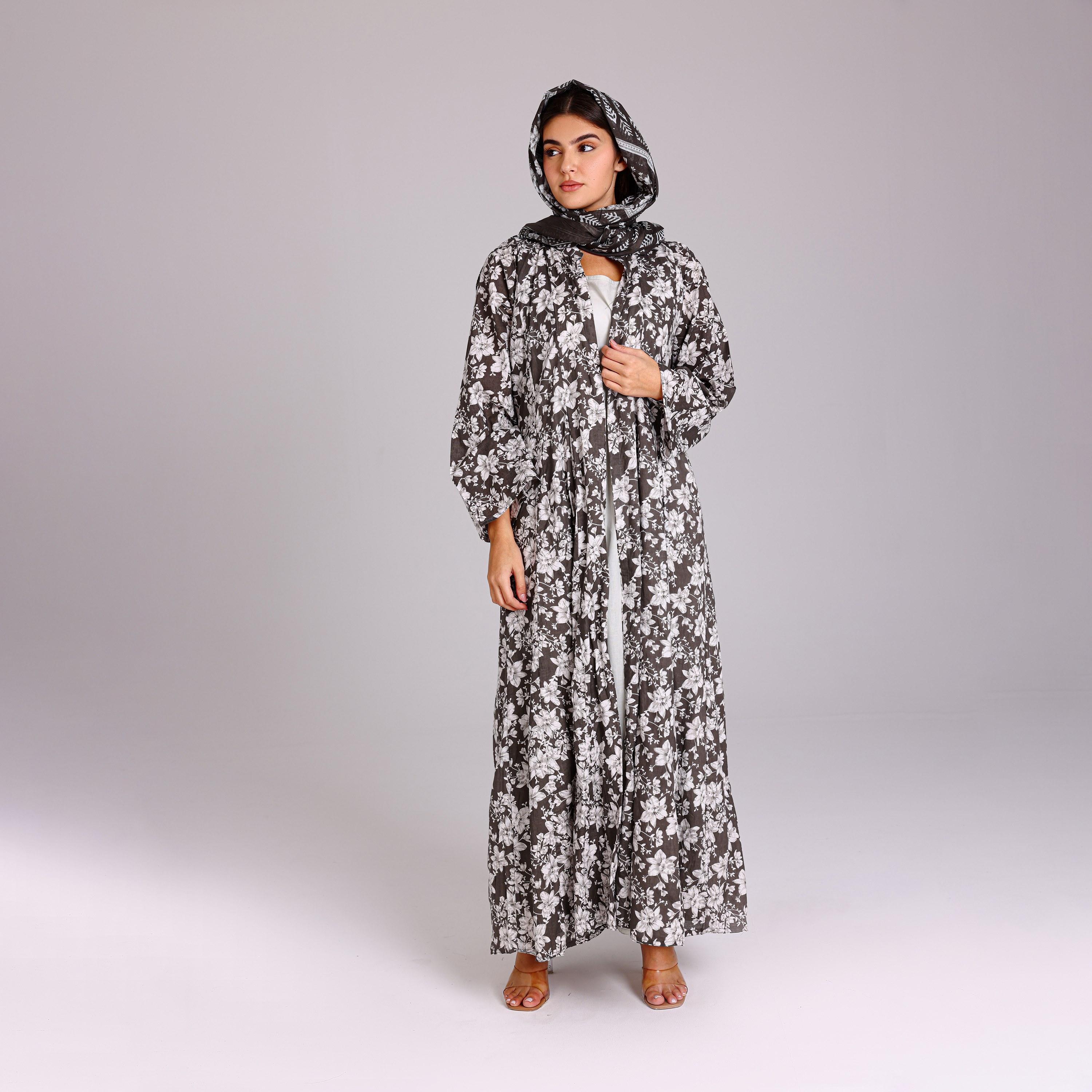 IKKXA Grey Floral Motifs Cotton Women's Abaya with Hijab-women-arabicclothing-abayas-image-1