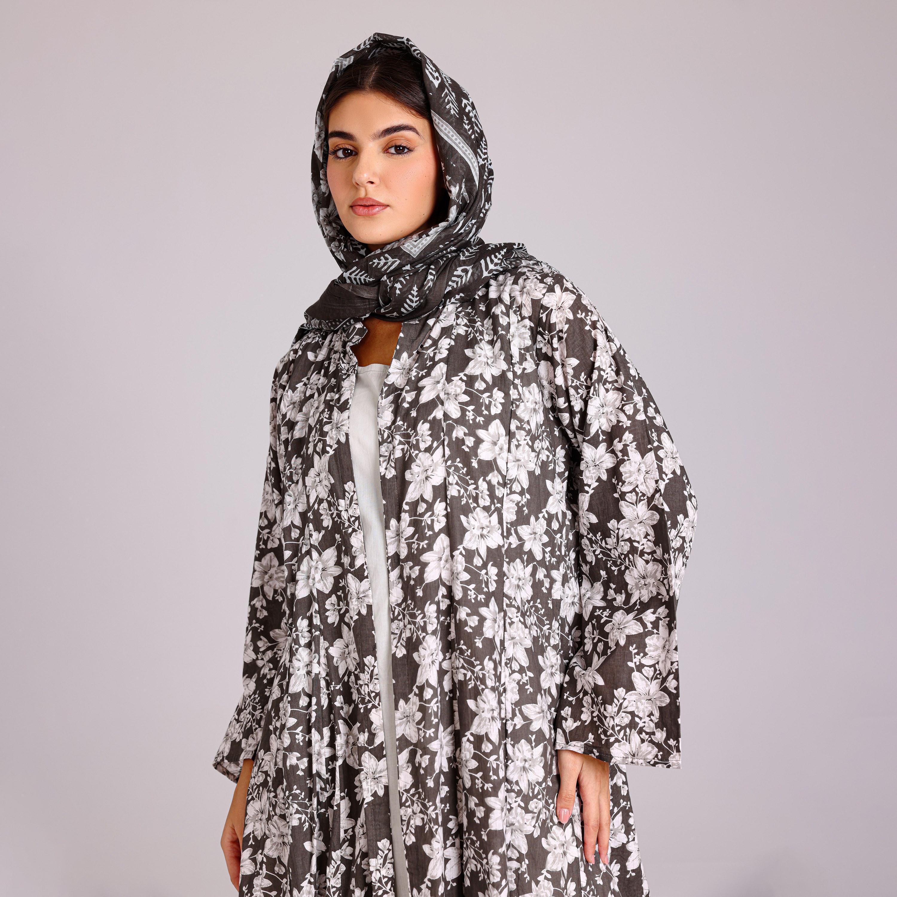 IKKXA Grey Floral Motifs Cotton Women's Abaya with Hijab-women-arabicclothing-abayas-image-2