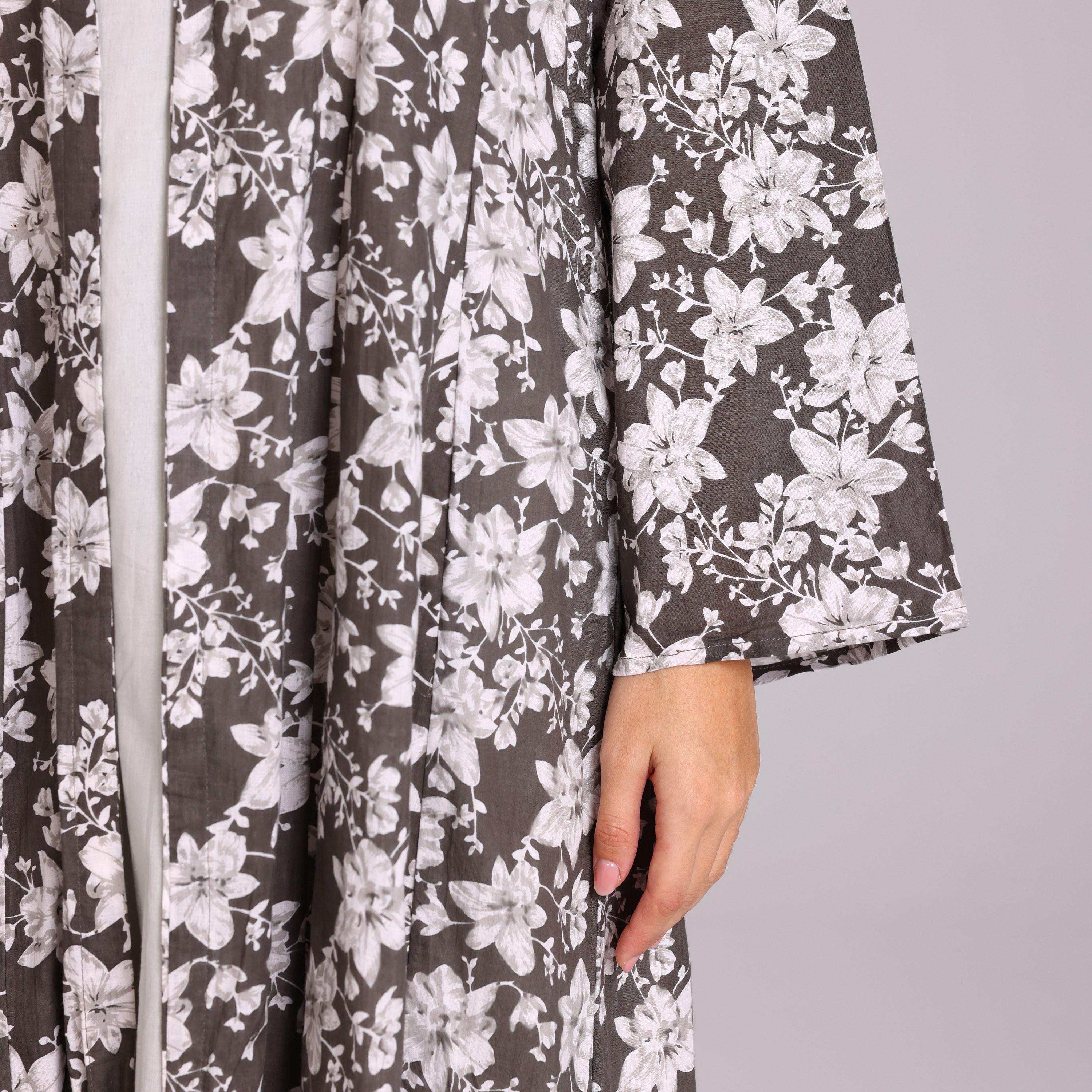 IKKXA Grey Floral Motifs Cotton Women's Abaya with Hijab-women-arabicclothing-abayas-image-3