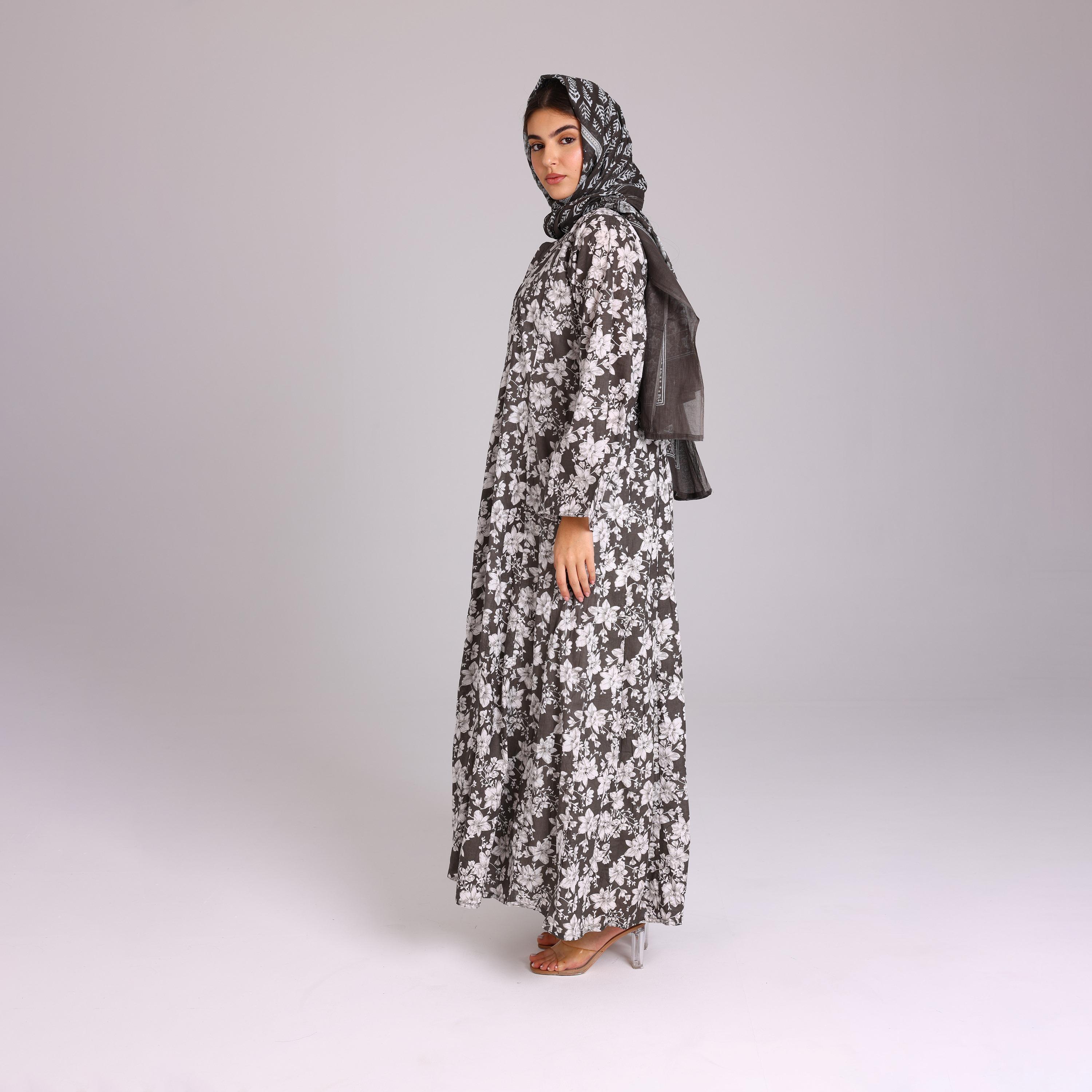 IKKXA Grey Floral Motifs Cotton Women's Abaya with Hijab-women-arabicclothing-abayas-image-4
