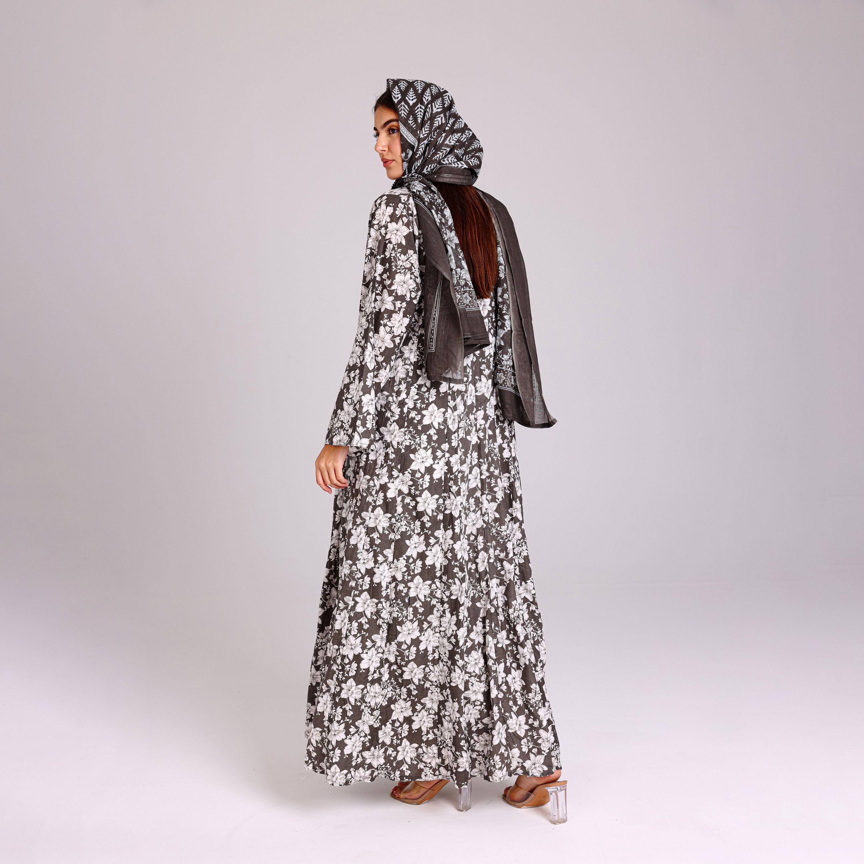 IKKXA Grey Floral Motifs Cotton Women's Abaya with Hijab-women-arabicclothing-abayas-image-5
