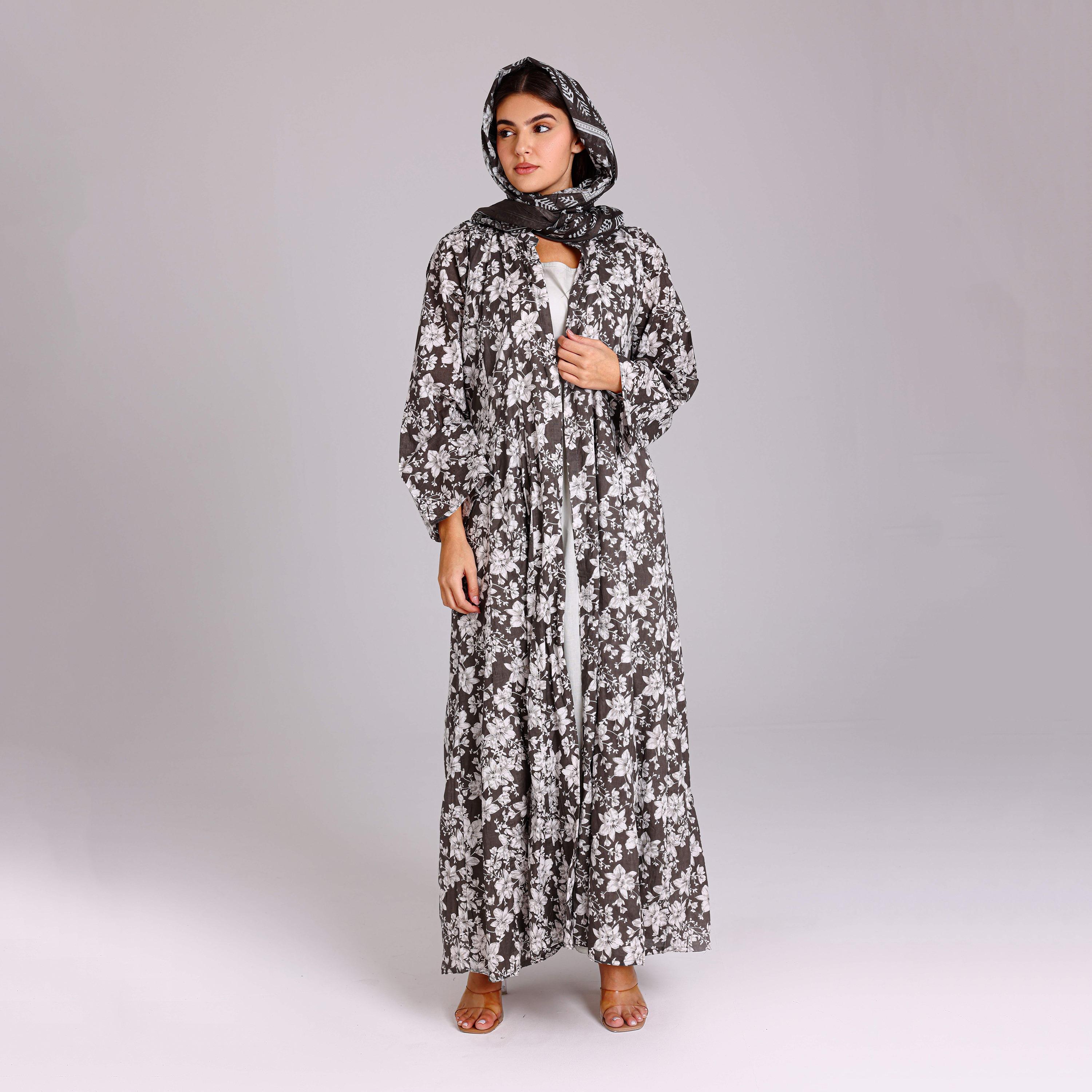 IKKXA Grey Floral Print Women's Abayas with Hijab-women-arabicclothing-abayas-image-1