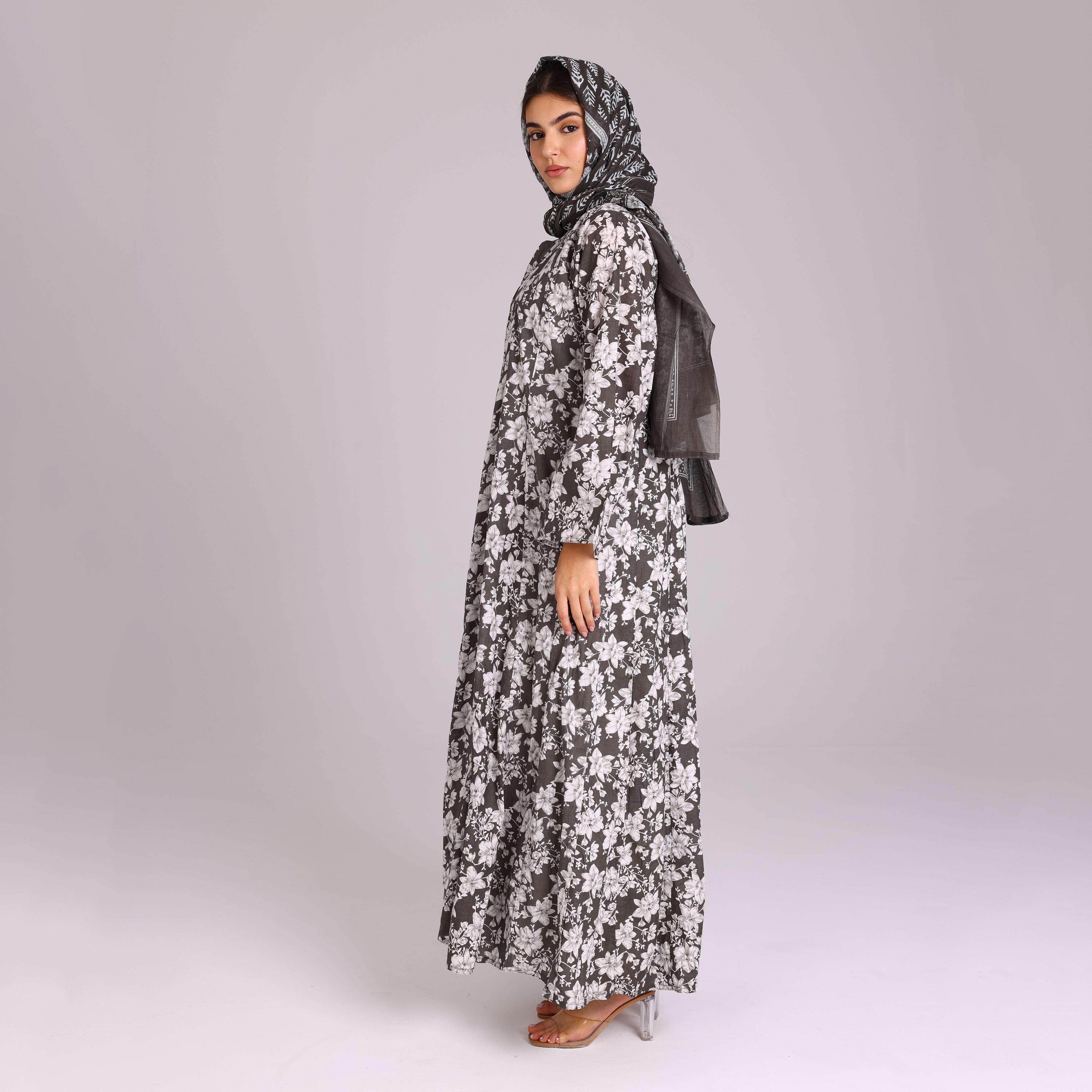 IKKXA Grey Floral Print Women's Abayas with Hijab-women-arabicclothing-abayas-image-3