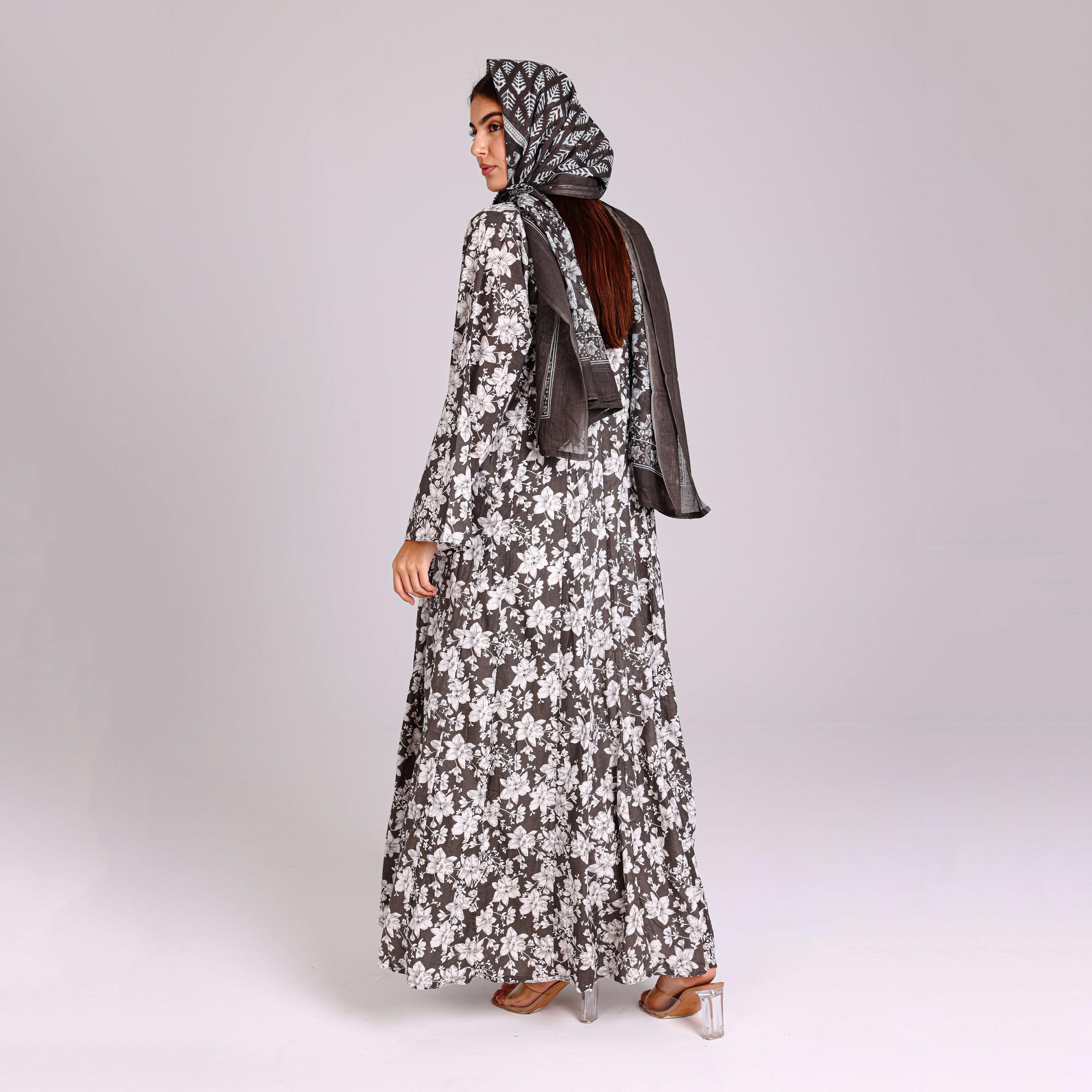 IKKXA Grey Floral Print Women's Abayas with Hijab-women-arabicclothing-abayas-image-4
