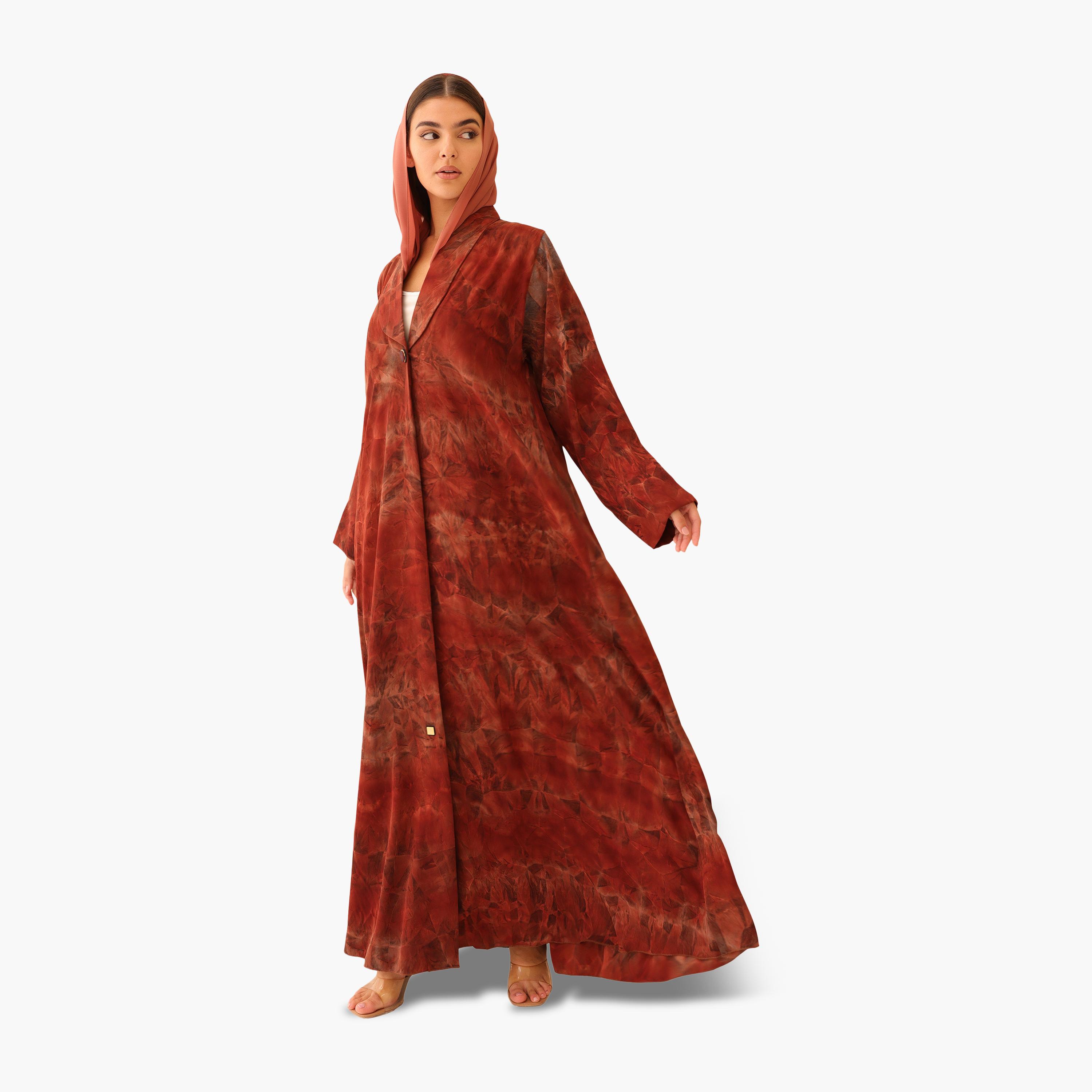 IKKXA Orange Tie-Dye Lapel Collar Women's Abaya with Hijab-women-arabicclothing-abayas-image-3