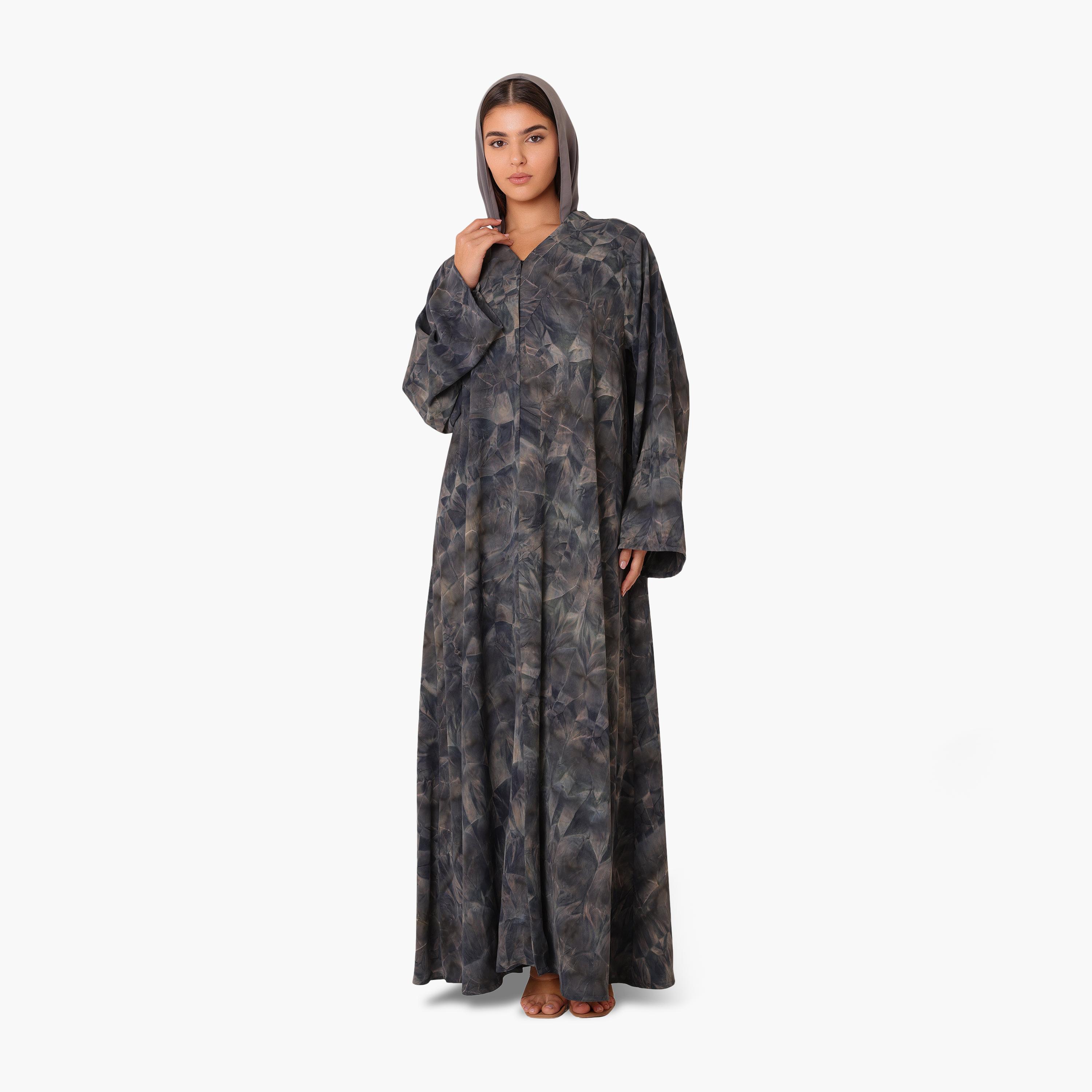 عباية نسائية رمادية تاي-داي بياقة طية صدر السترة مع حجاب من إككسا-women-arabicclothing-abayas-image-1
