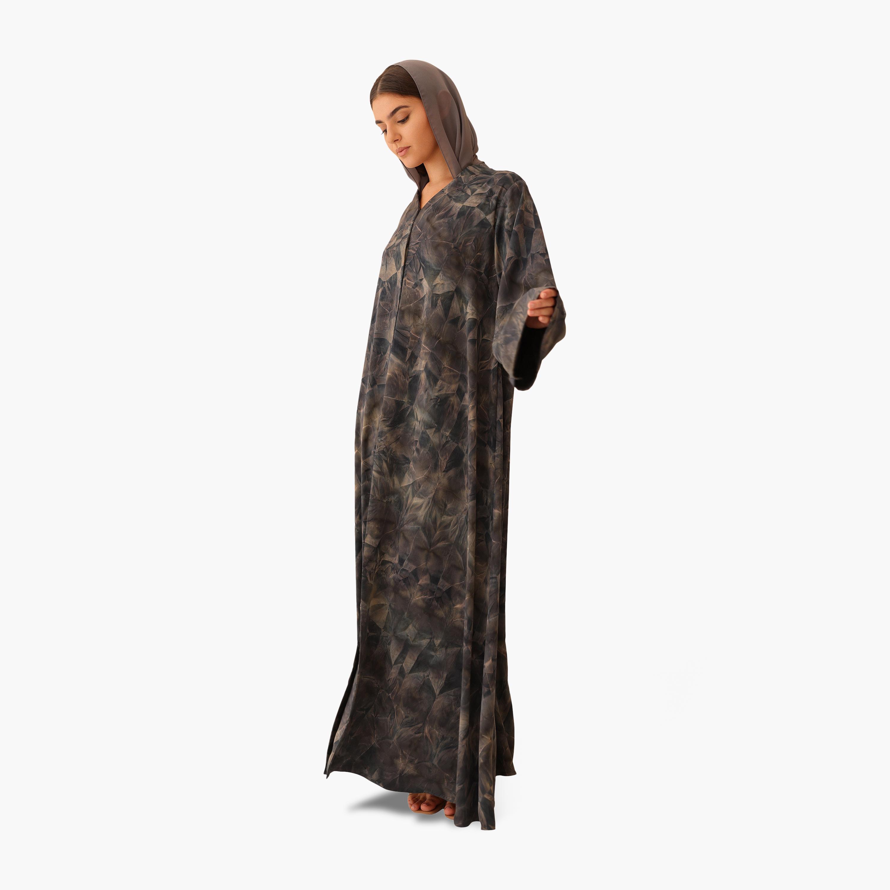 IKKXA Grey Tie-Dye Flared Sleeves Women's Abaya with Hijab-women-arabicclothing-abayas-image-3