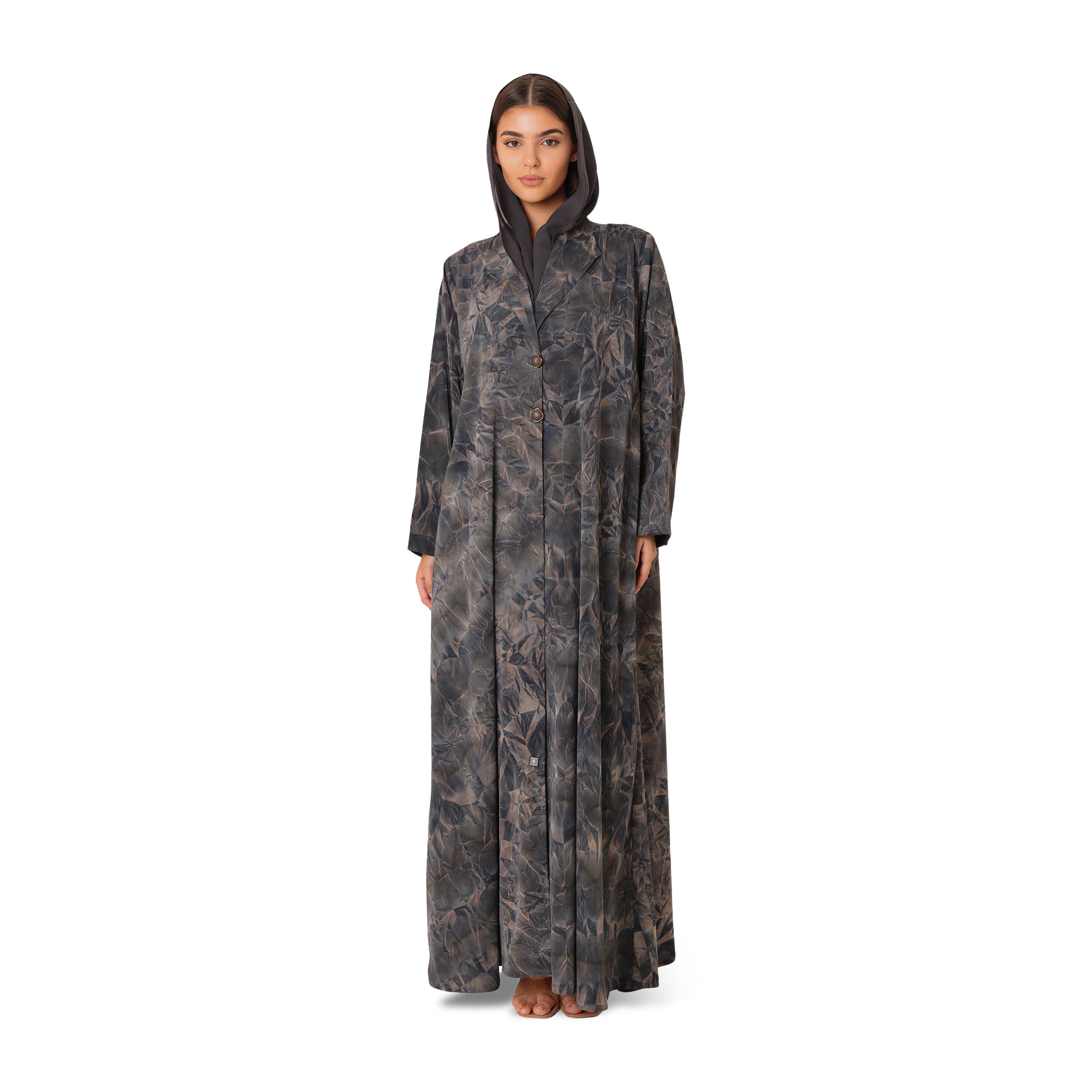 عباية نسائية رمادية تاي-داي بياقة طية صدر السترة مع حجاب من إككسا-women-arabicclothing-abayas-image-1