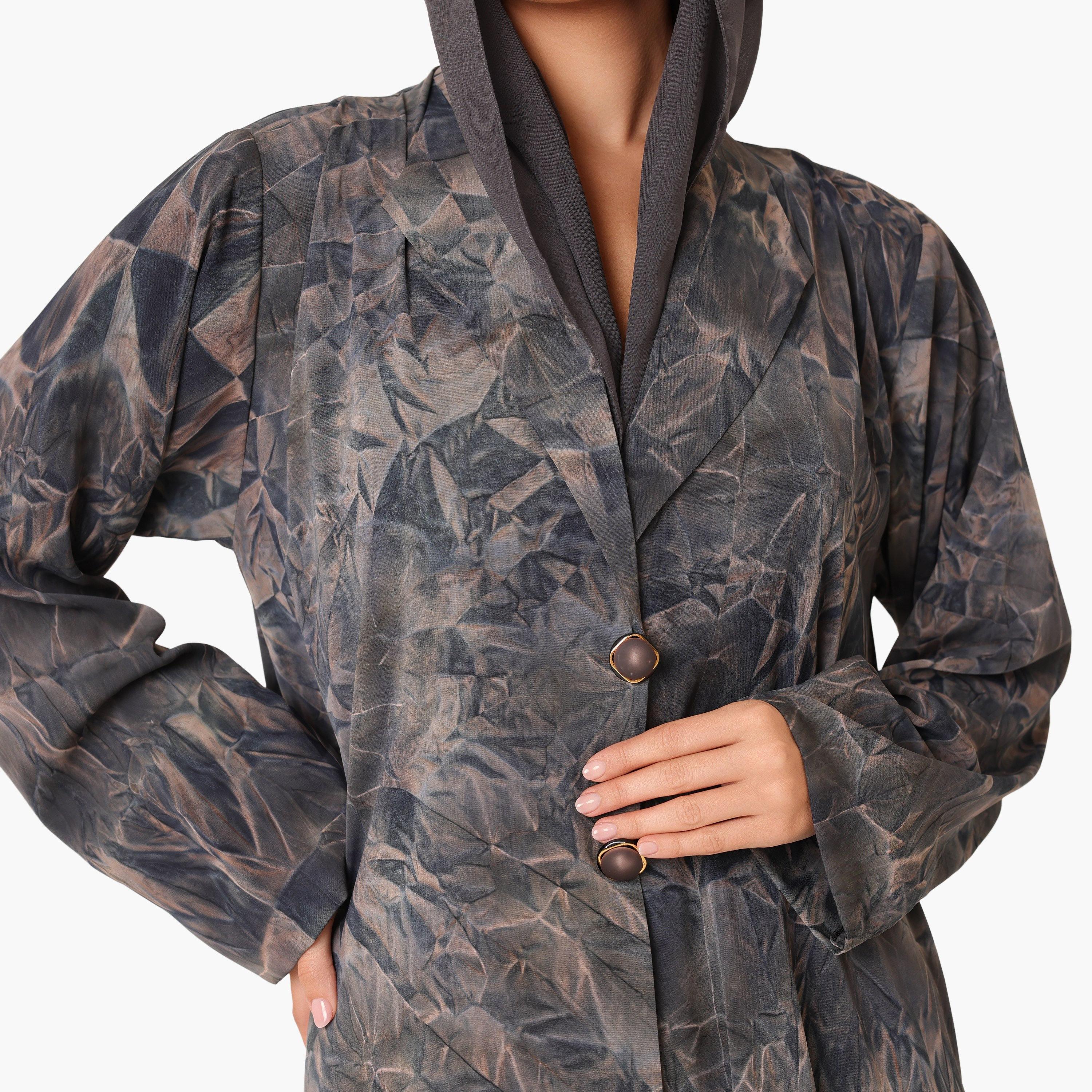 عباية نسائية رمادية تاي-داي بياقة طية صدر السترة مع حجاب من إككسا-women-arabicclothing-abayas-image-2