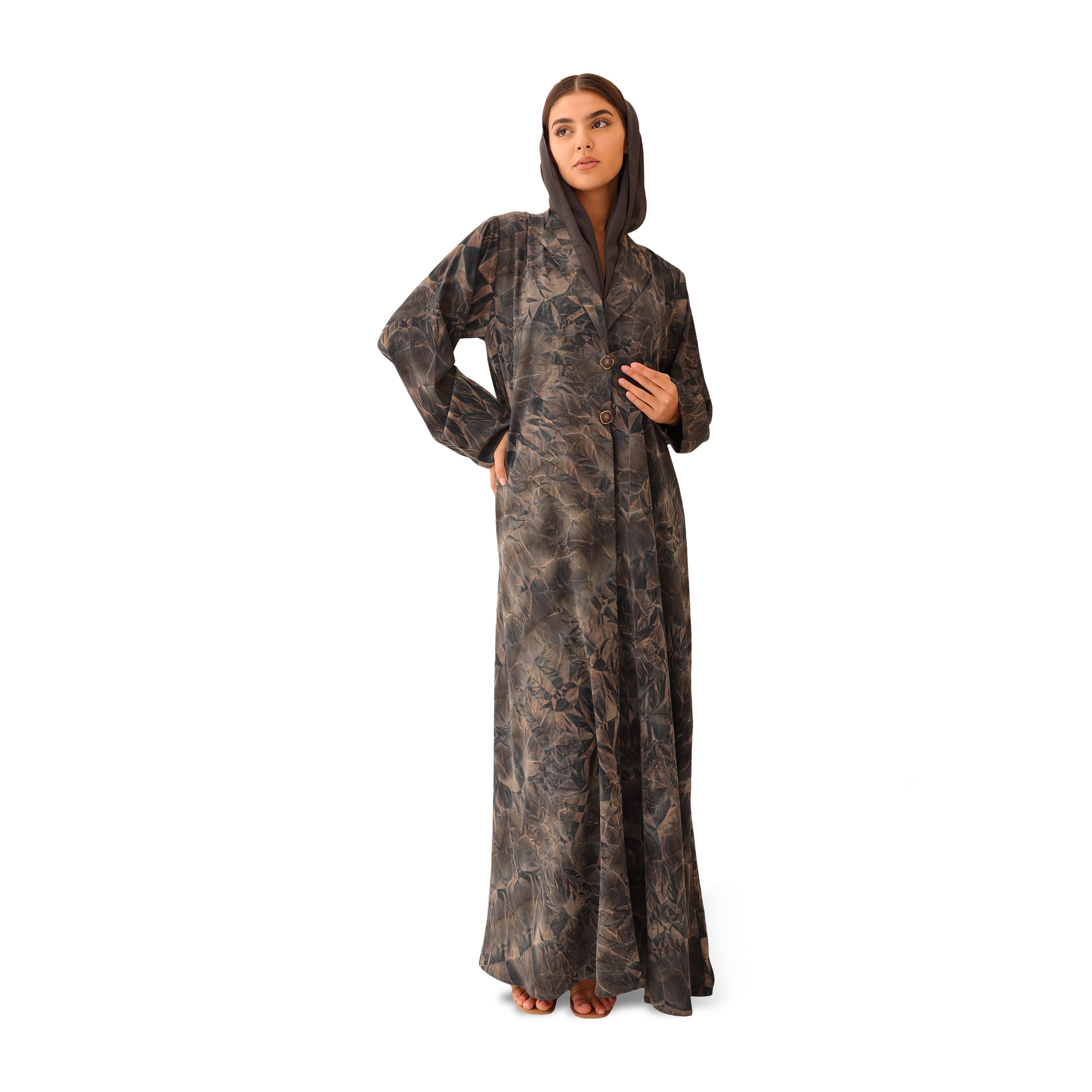 عباية نسائية رمادية تاي-داي بياقة طية صدر السترة مع حجاب من إككسا-women-arabicclothing-abayas-image-3