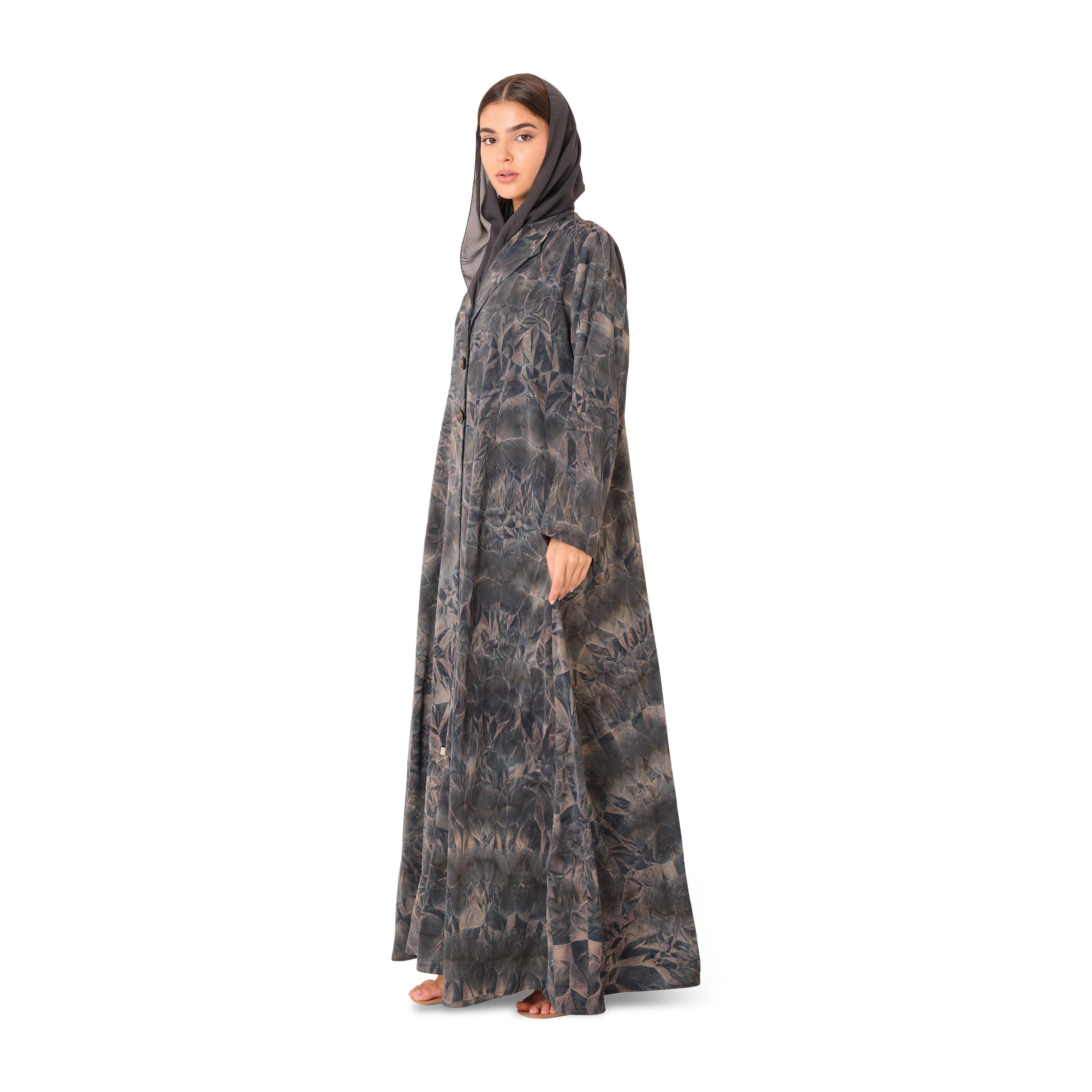عباية نسائية رمادية تاي-داي بياقة طية صدر السترة مع حجاب من إككسا-women-arabicclothing-abayas-image-4