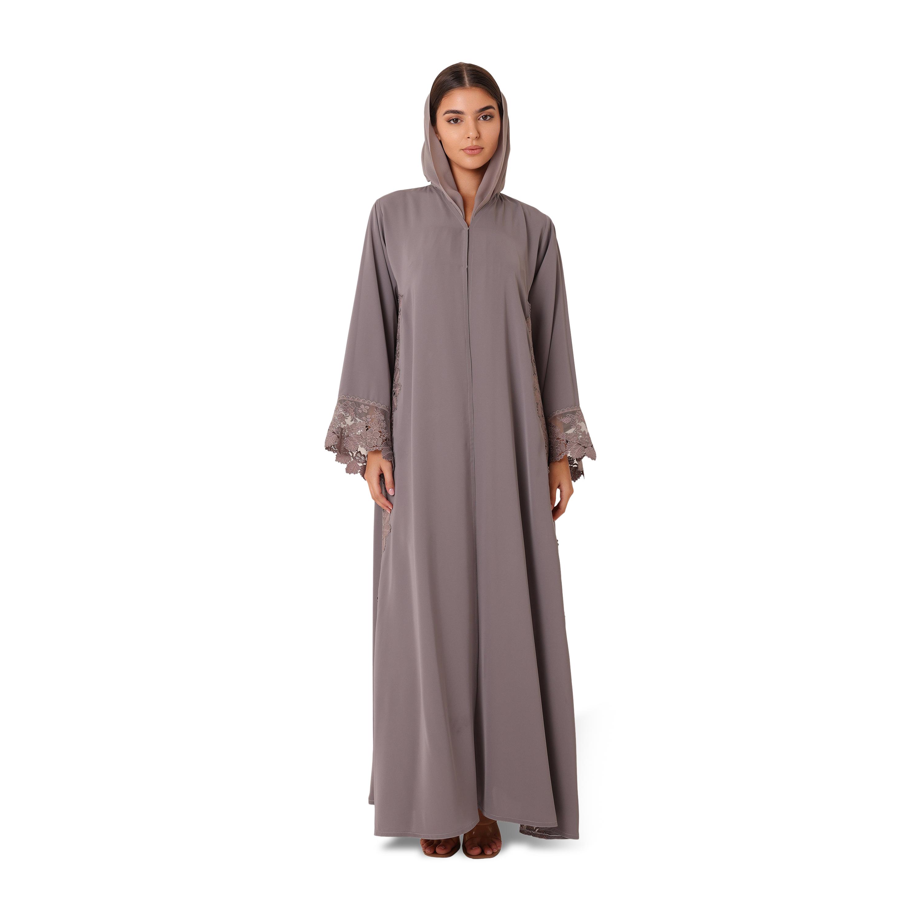 IKKXA Grey Embroidered Lace Trim Flared Sleeves Nida Women's Evening Abaya with Hijab-women-arabicclothing-abayas-image-1