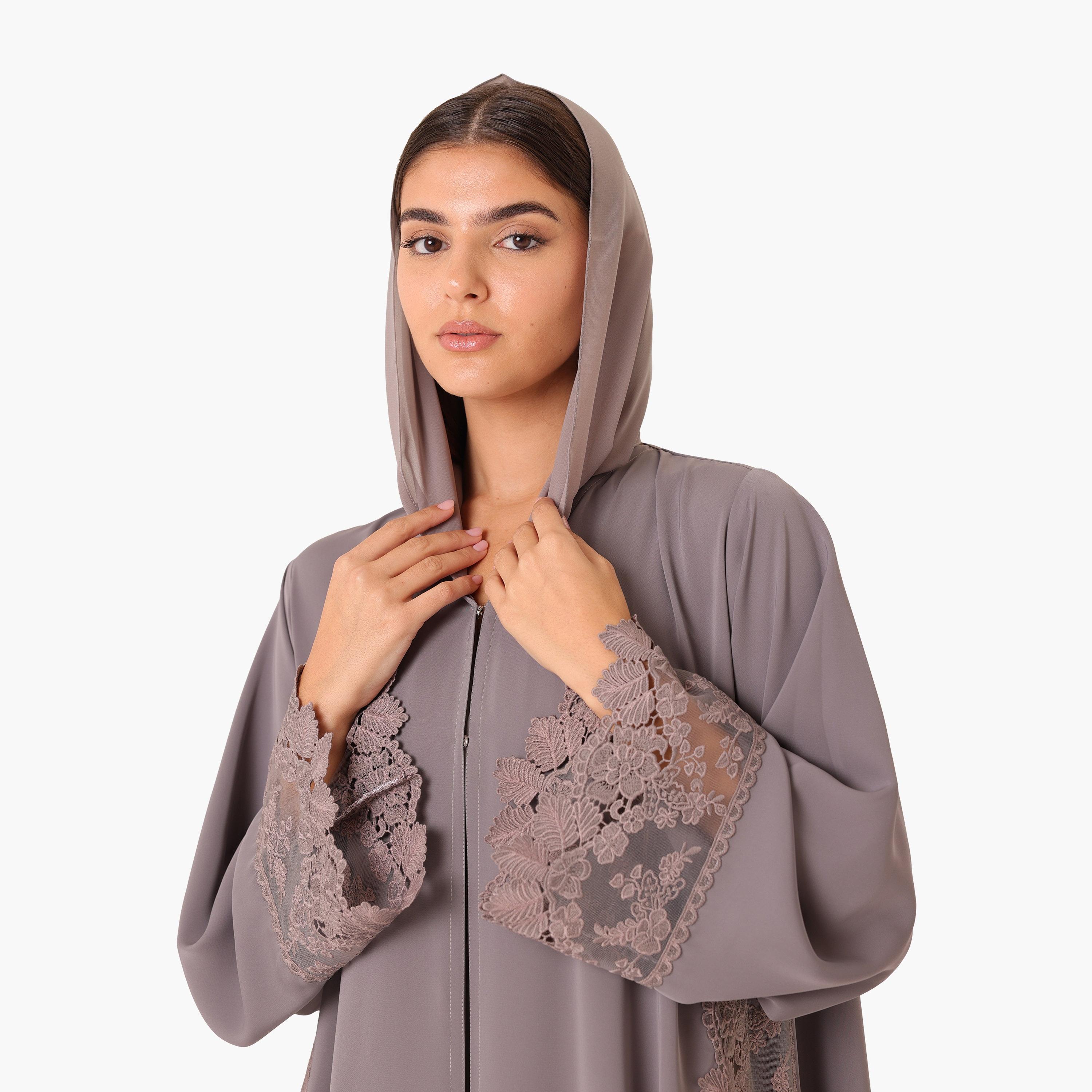 IKKXA Grey Embroidered Lace Trim Flared Sleeves Nida Women's Evening Abaya with Hijab-women-arabicclothing-abayas-image-2