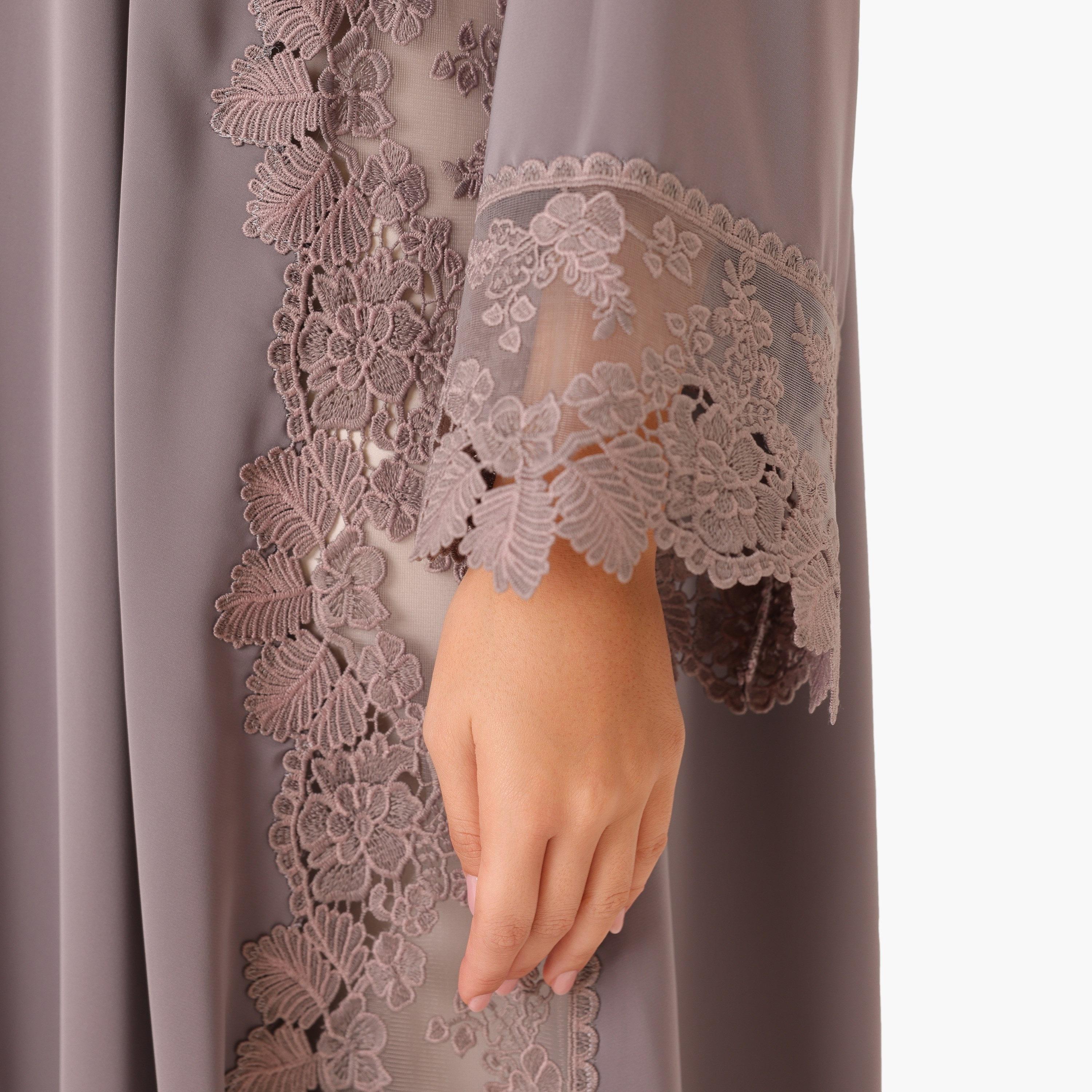 IKKXA Grey Embroidered Lace Trim Flared Sleeves Nida Women's Evening Abaya with Hijab-women-arabicclothing-abayas-image-3