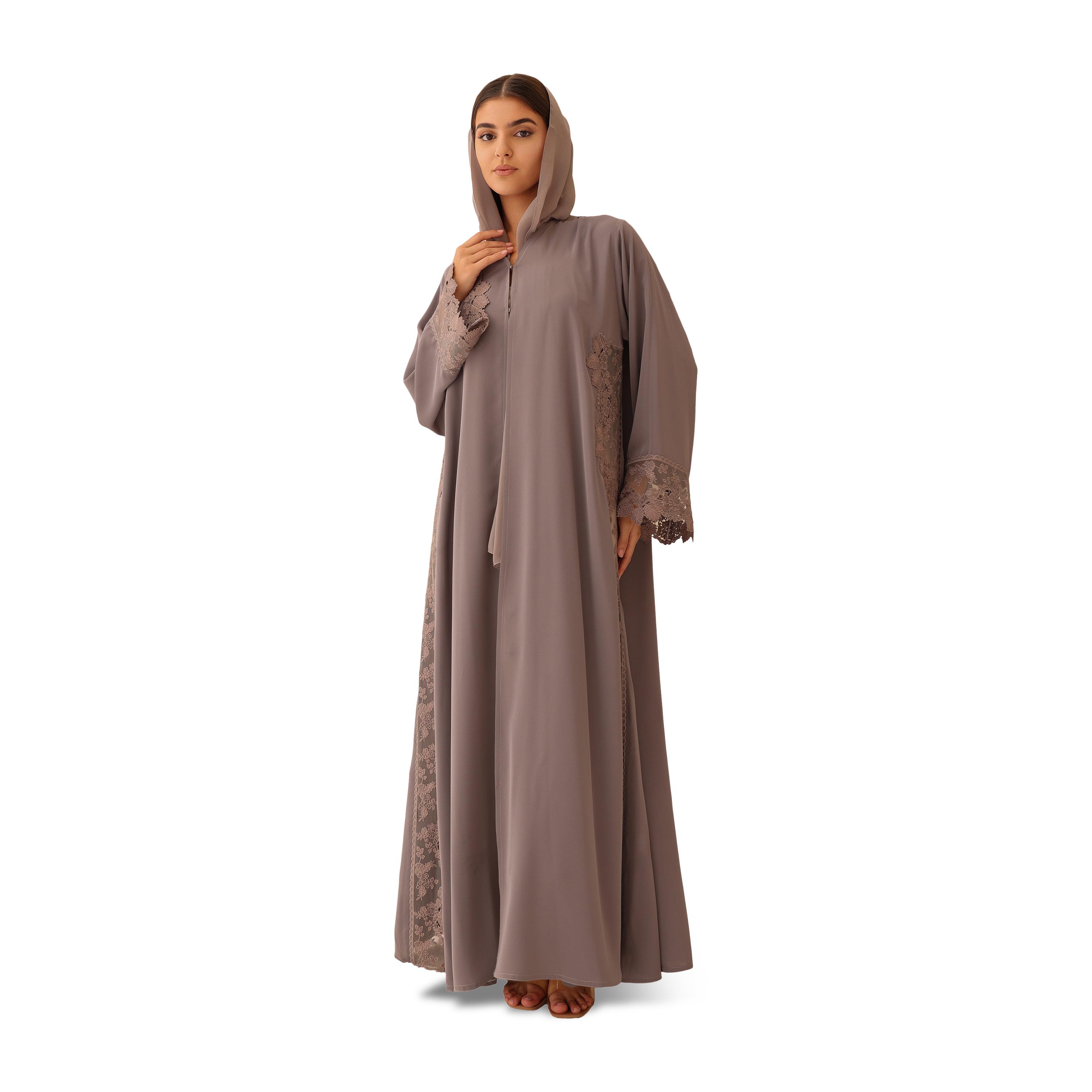 IKKXA Grey Embroidered Lace Trim Flared Sleeves Nida Women's Evening Abaya with Hijab-women-arabicclothing-abayas-image-4