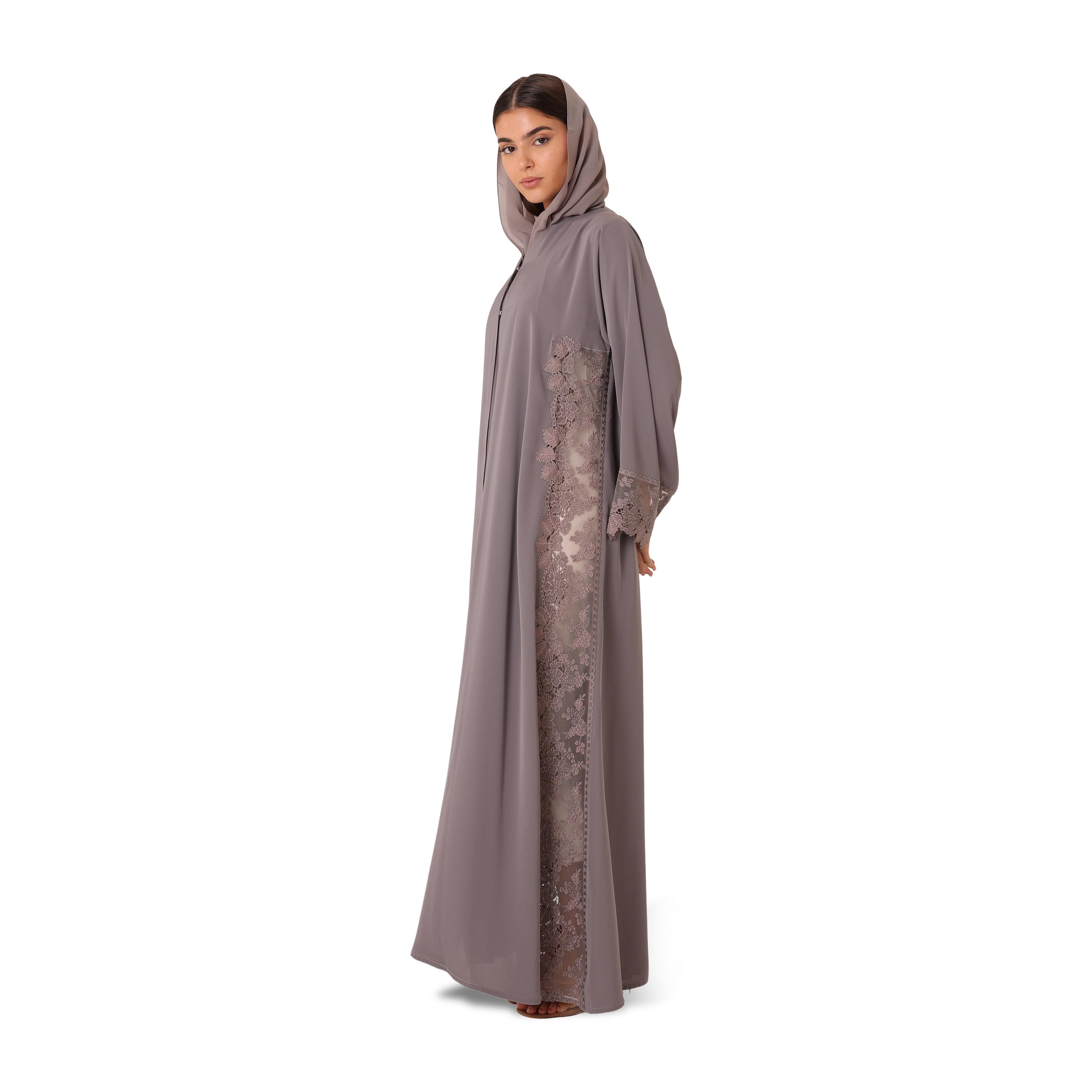 IKKXA Grey Embroidered Lace Trim Flared Sleeves Nida Women's Evening Abaya with Hijab-women-arabicclothing-abayas-image-5