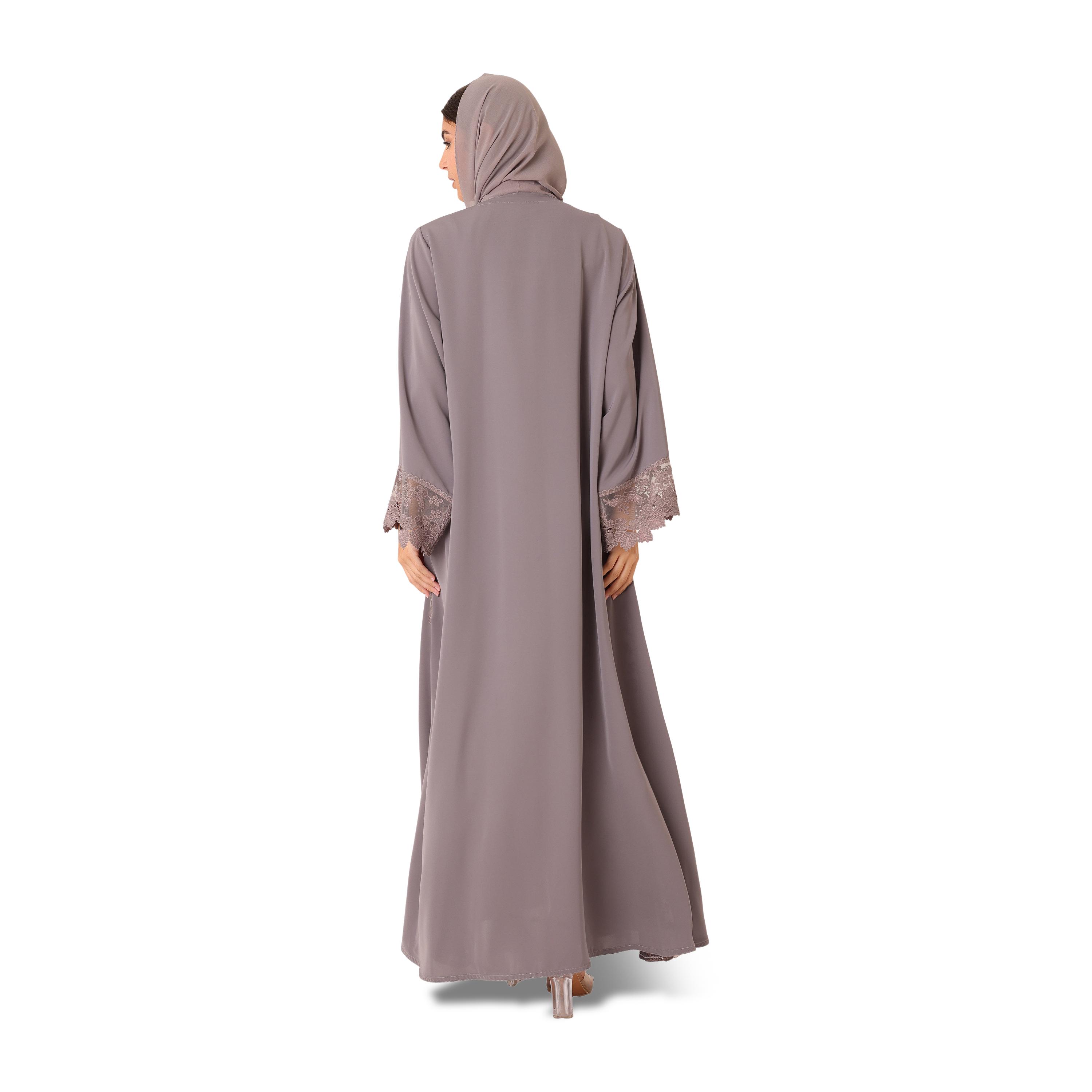 IKKXA Grey Embroidered Lace Trim Flared Sleeves Nida Women's Evening Abaya with Hijab-women-arabicclothing-abayas-image-6
