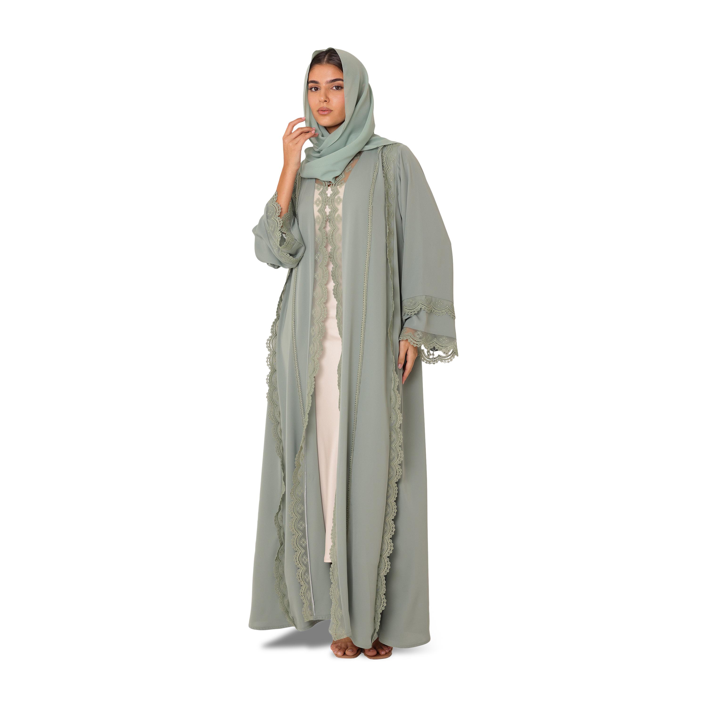 IKKXA Scalloped Lace Trim Flared Sleeves Nida Women's Evening Abaya with Hijab-women-arabicclothing-abayas-image-1
