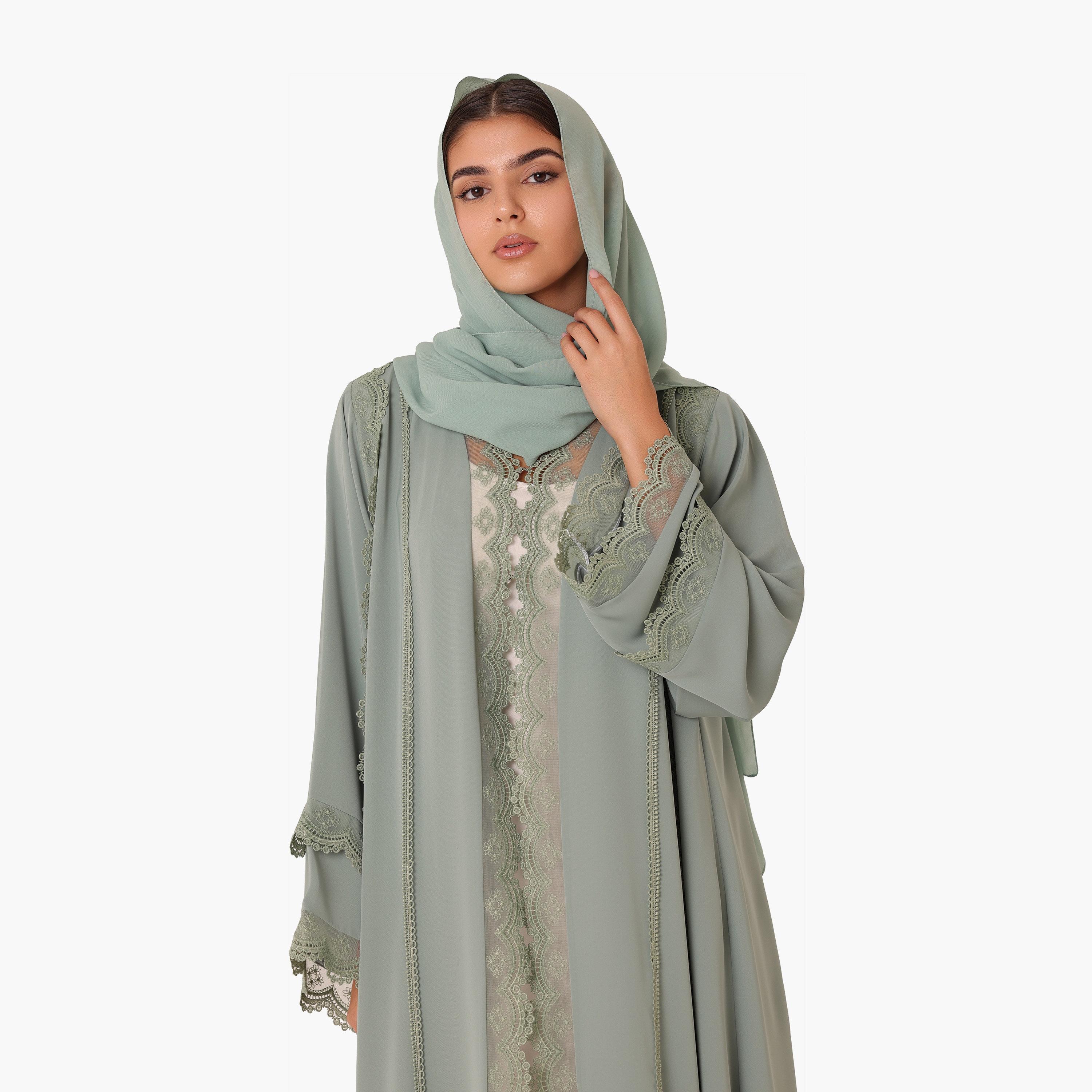 IKKXA Scalloped Lace Trim Flared Sleeves Nida Women's Evening Abaya with Hijab-women-arabicclothing-abayas-image-2