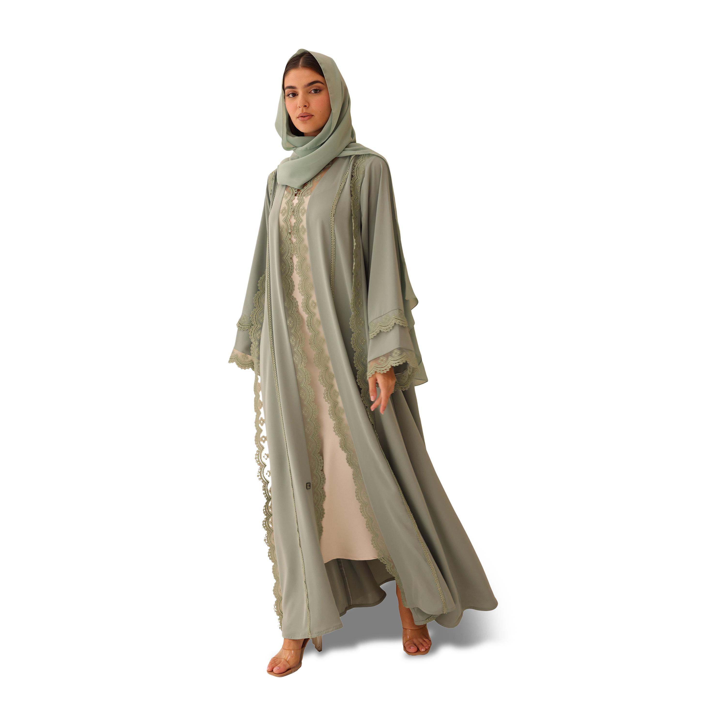 IKKXA Scalloped Lace Trim Flared Sleeves Nida Women's Evening Abaya with Hijab-women-arabicclothing-abayas-image-4