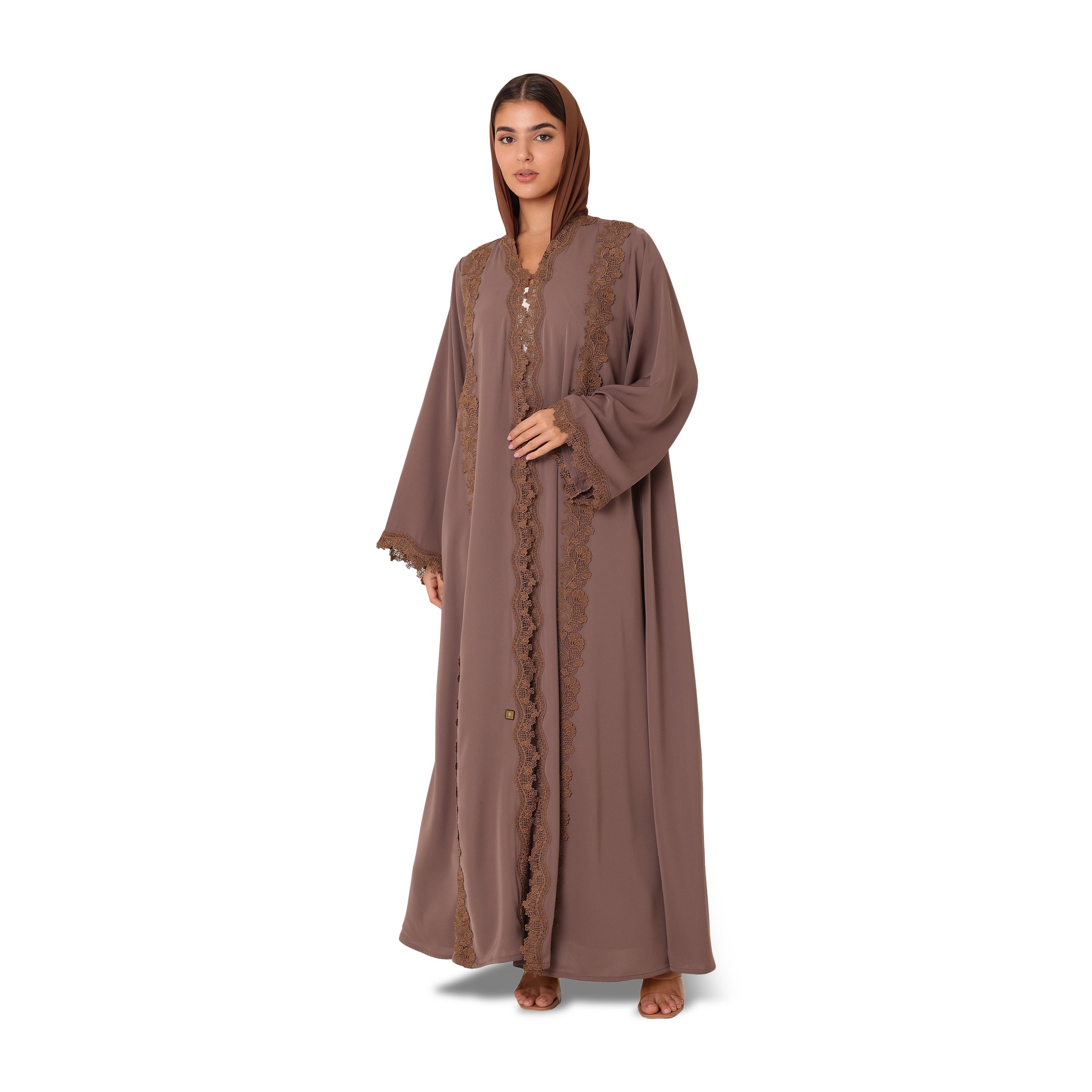 عباية نسائية نيدا مسائية مع حجاب مزينة بدانتيل مزهر وأكمام واسعة مع حجاب من إككسا-women-arabicclothing-abayas-image-1