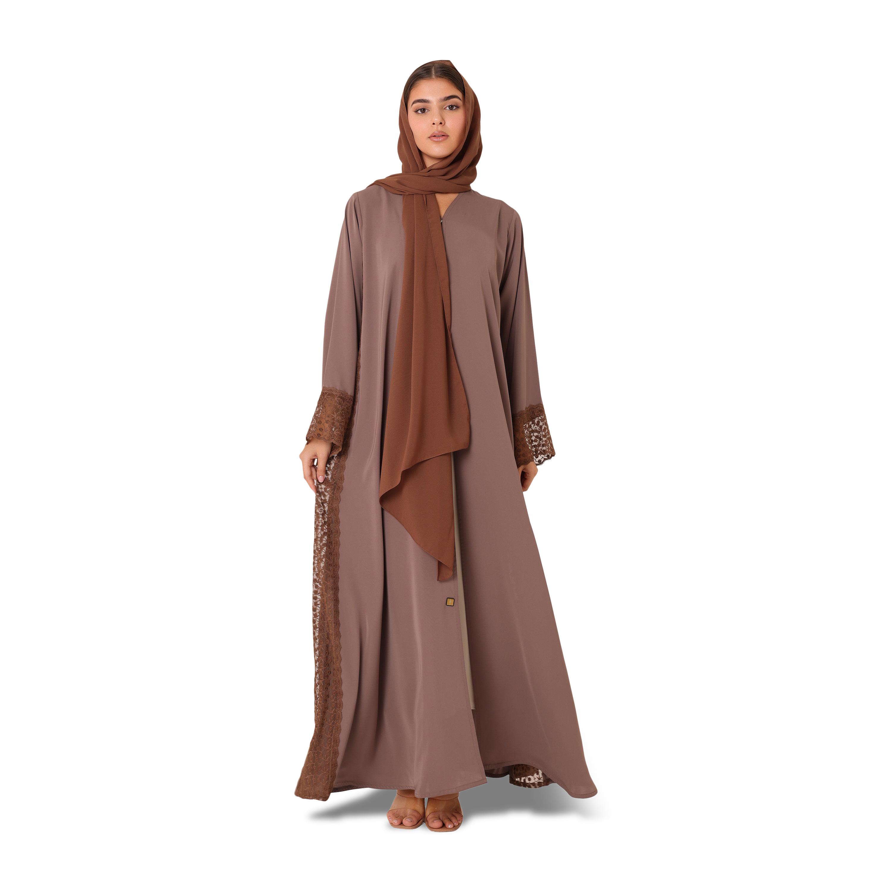 IKKXA Embroidered Lace Trim Flared Sleeves Nida Women's Evening Abaya with Hijab-women-arabicclothing-abayas-image-1