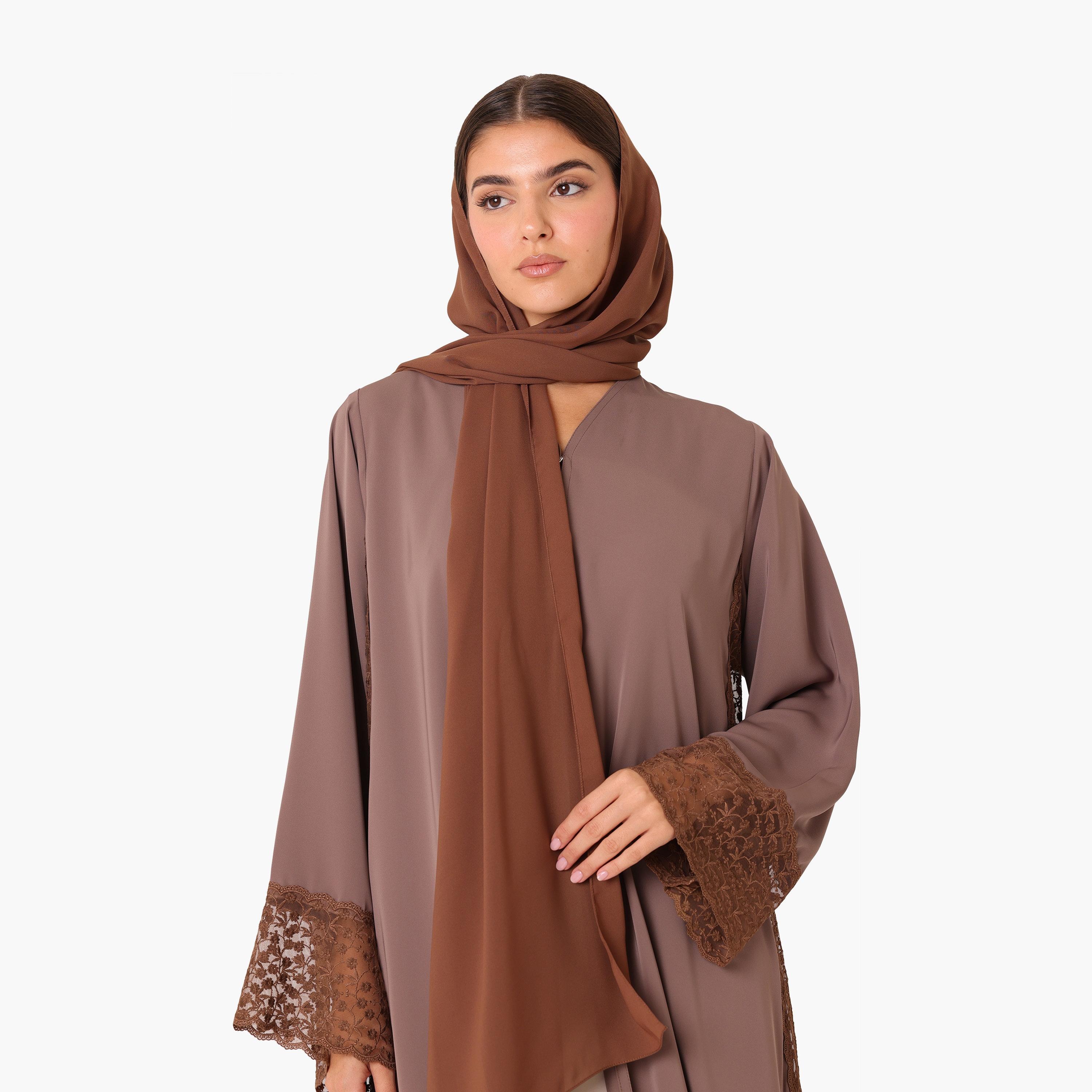 IKKXA Embroidered Lace Trim Flared Sleeves Nida Women's Evening Abaya with Hijab-women-arabicclothing-abayas-image-2