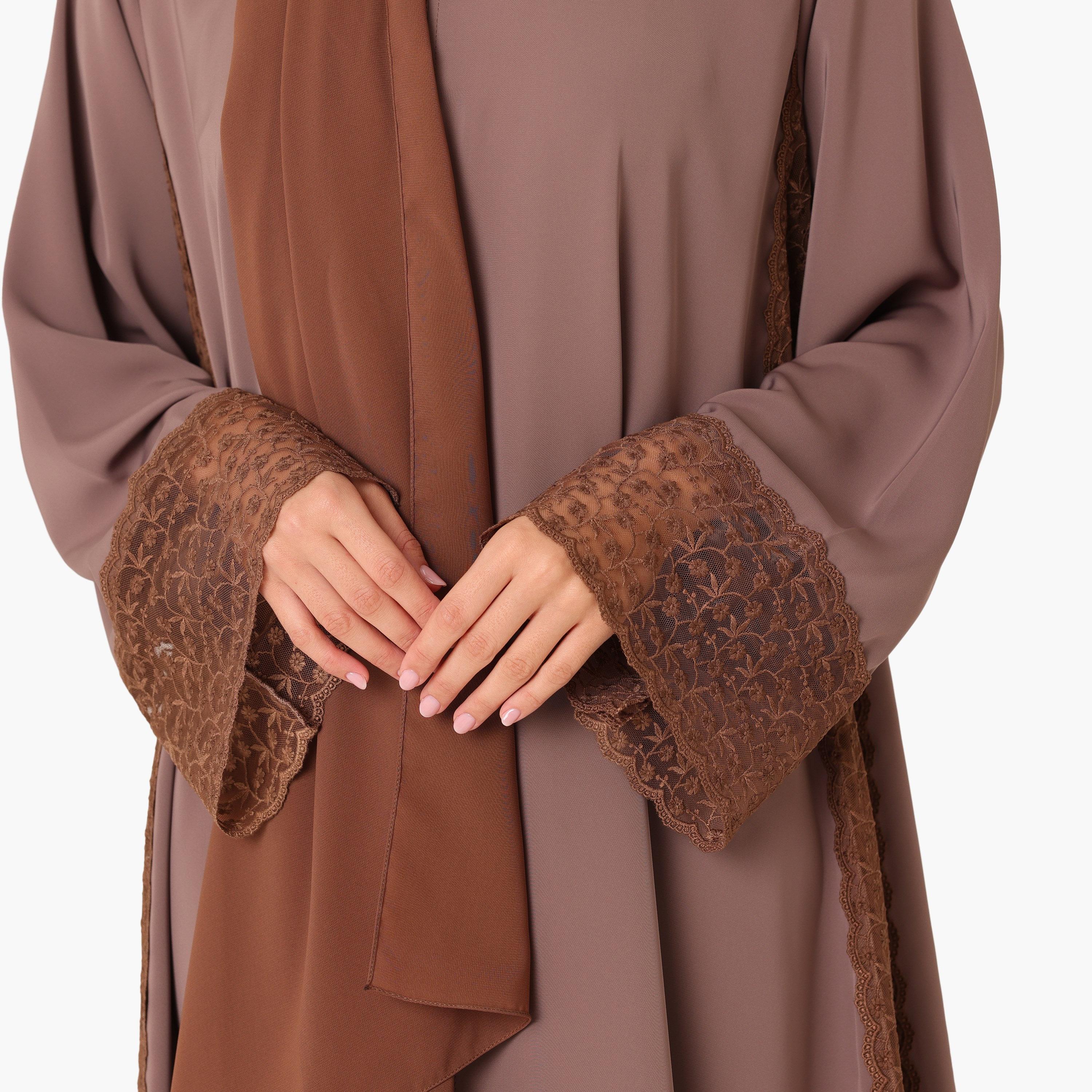 IKKXA Embroidered Lace Trim Flared Sleeves Nida Women's Evening Abaya with Hijab-women-arabicclothing-abayas-image-3