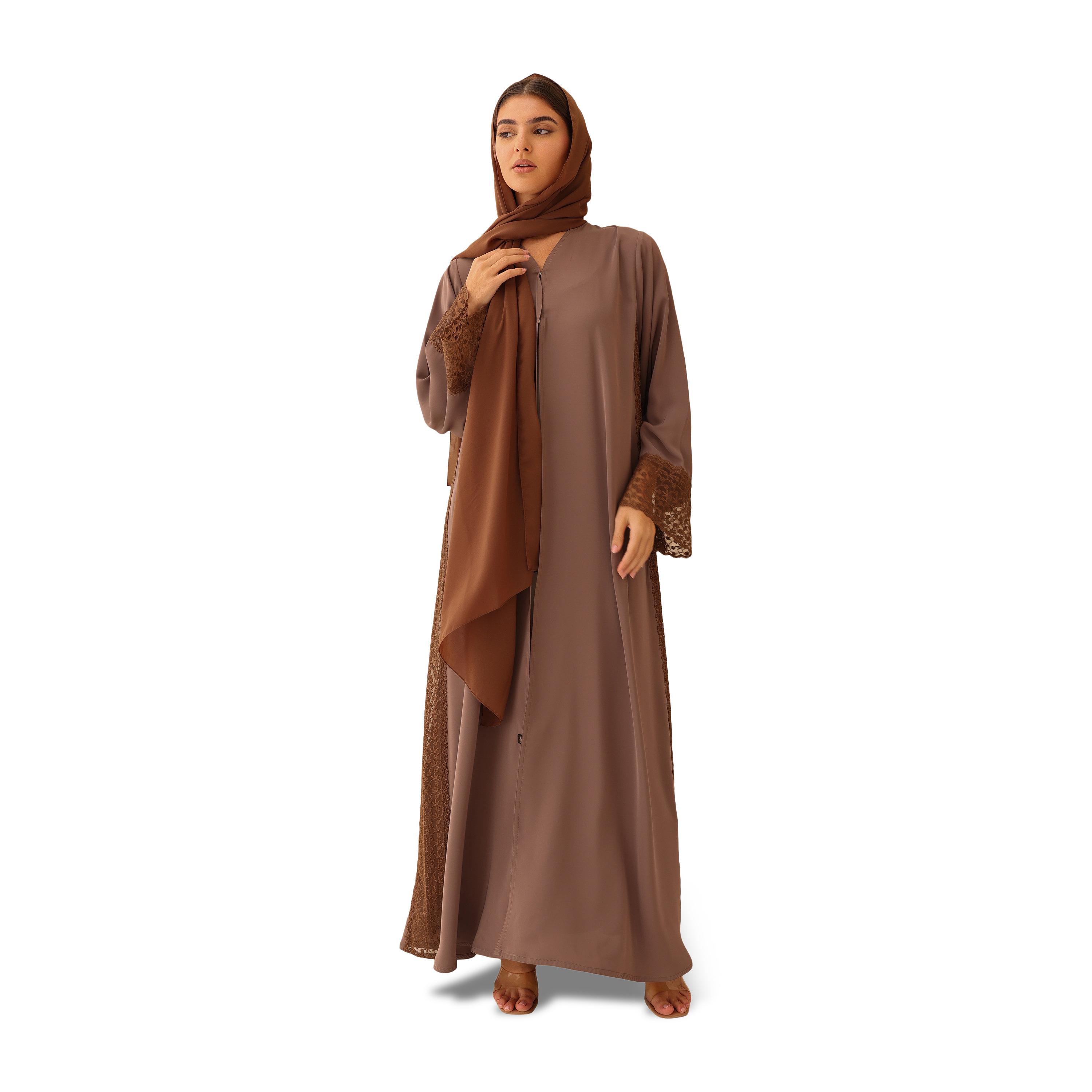 IKKXA Embroidered Lace Trim Flared Sleeves Nida Women's Evening Abaya with Hijab-women-arabicclothing-abayas-image-4
