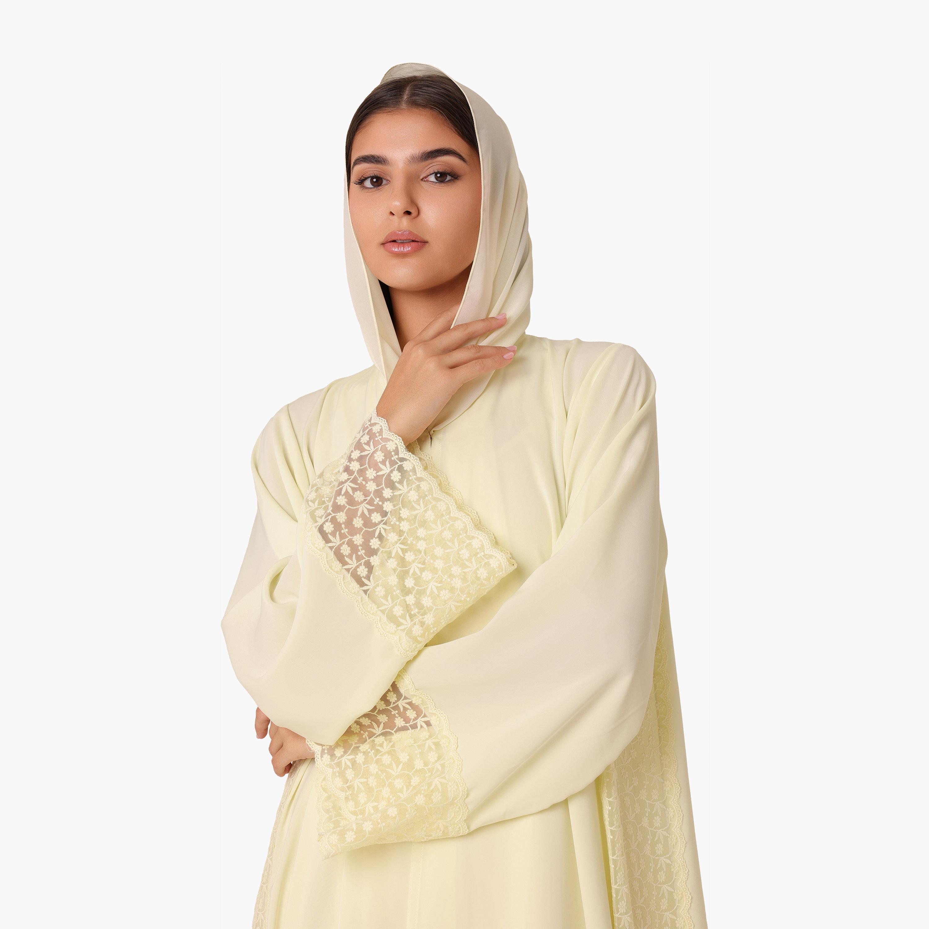 IKKXA Embroidered Lace Trim Flared Sleeves Nida Women's Evening Abaya with Hijab-women-arabicclothing-abayas-image-2
