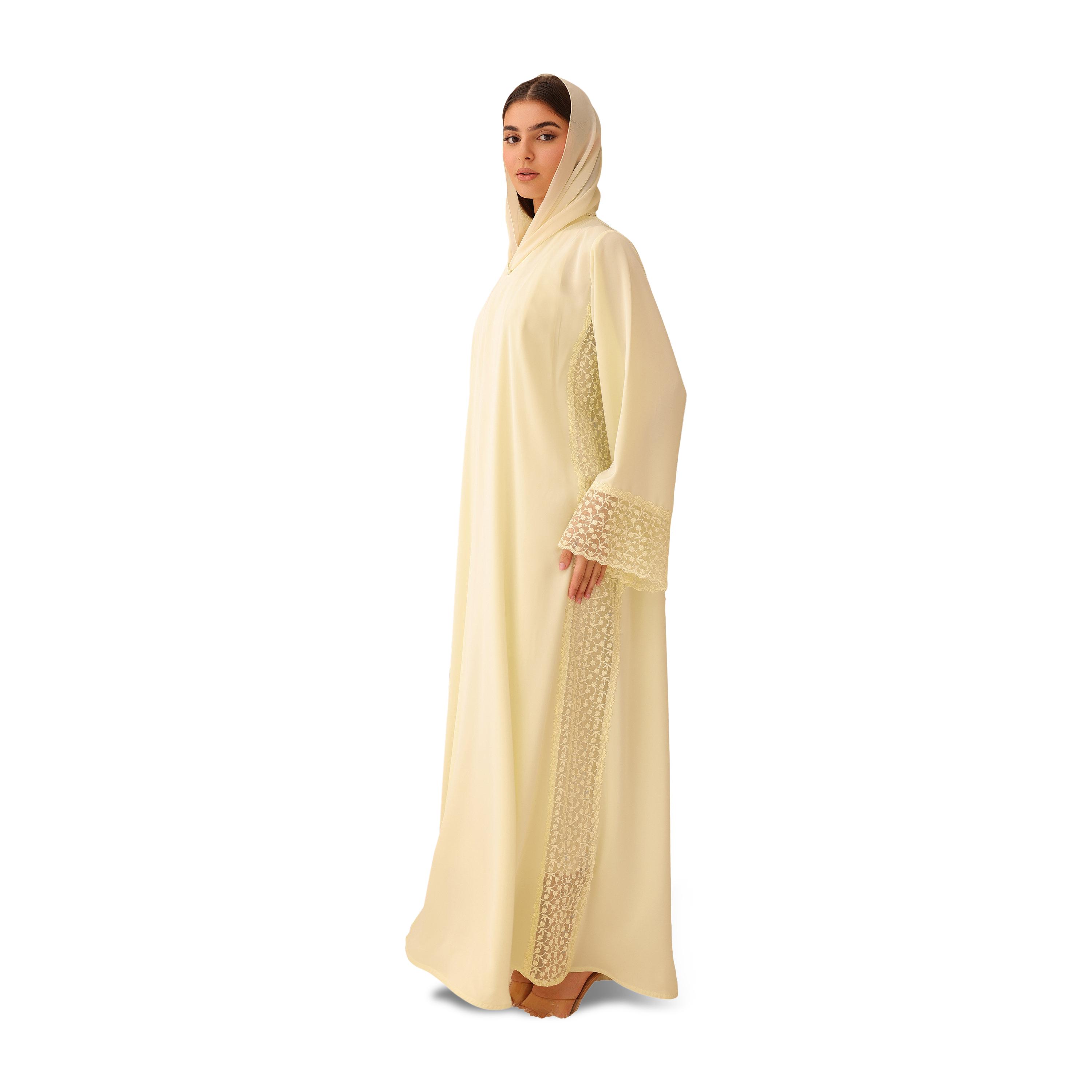 IKKXA Embroidered Lace Trim Flared Sleeves Nida Women's Evening Abaya with Hijab-women-arabicclothing-abayas-image-3