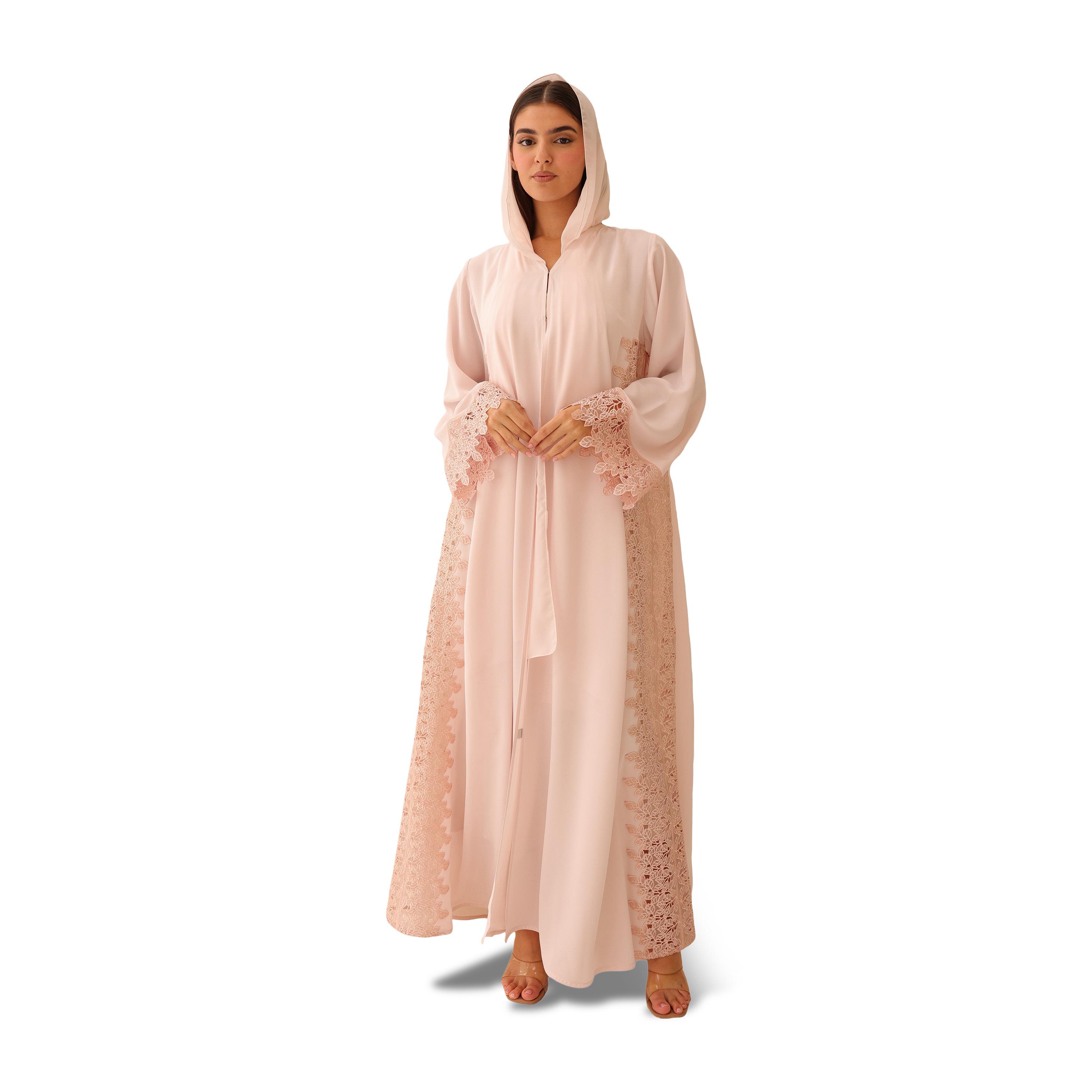 عباية نسائية نيدا مسائية مع حجاب مزينة بدانتيل أصفر وأكمام واسعة مع حجاب من إككسا-women-arabicclothing-abayas-image-1