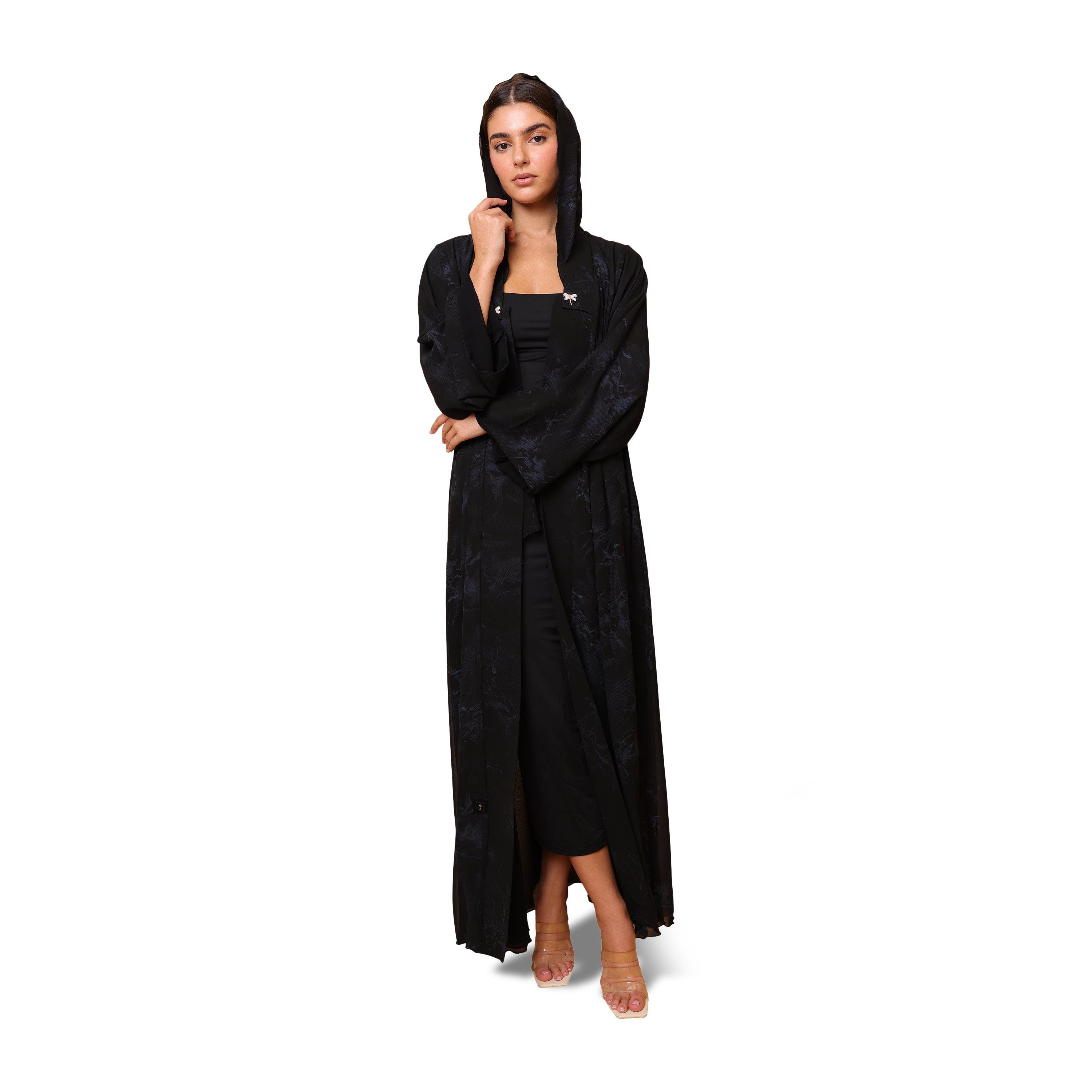 IKKXA Blue Floral Print Flared Sleeves Chiffon Women's Abaya with Hijab-women-arabicclothing-abayas-image-1