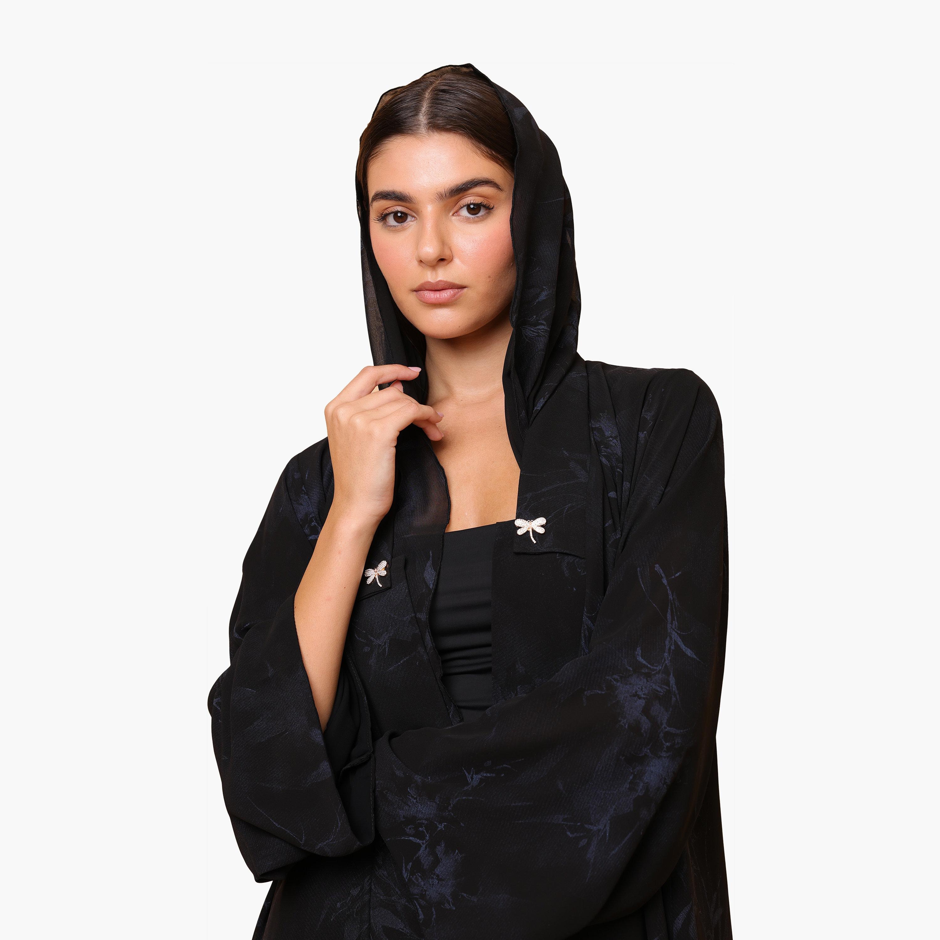 IKKXA Blue Floral Print Flared Sleeves Chiffon Women's Abaya with Hijab-women-arabicclothing-abayas-image-2